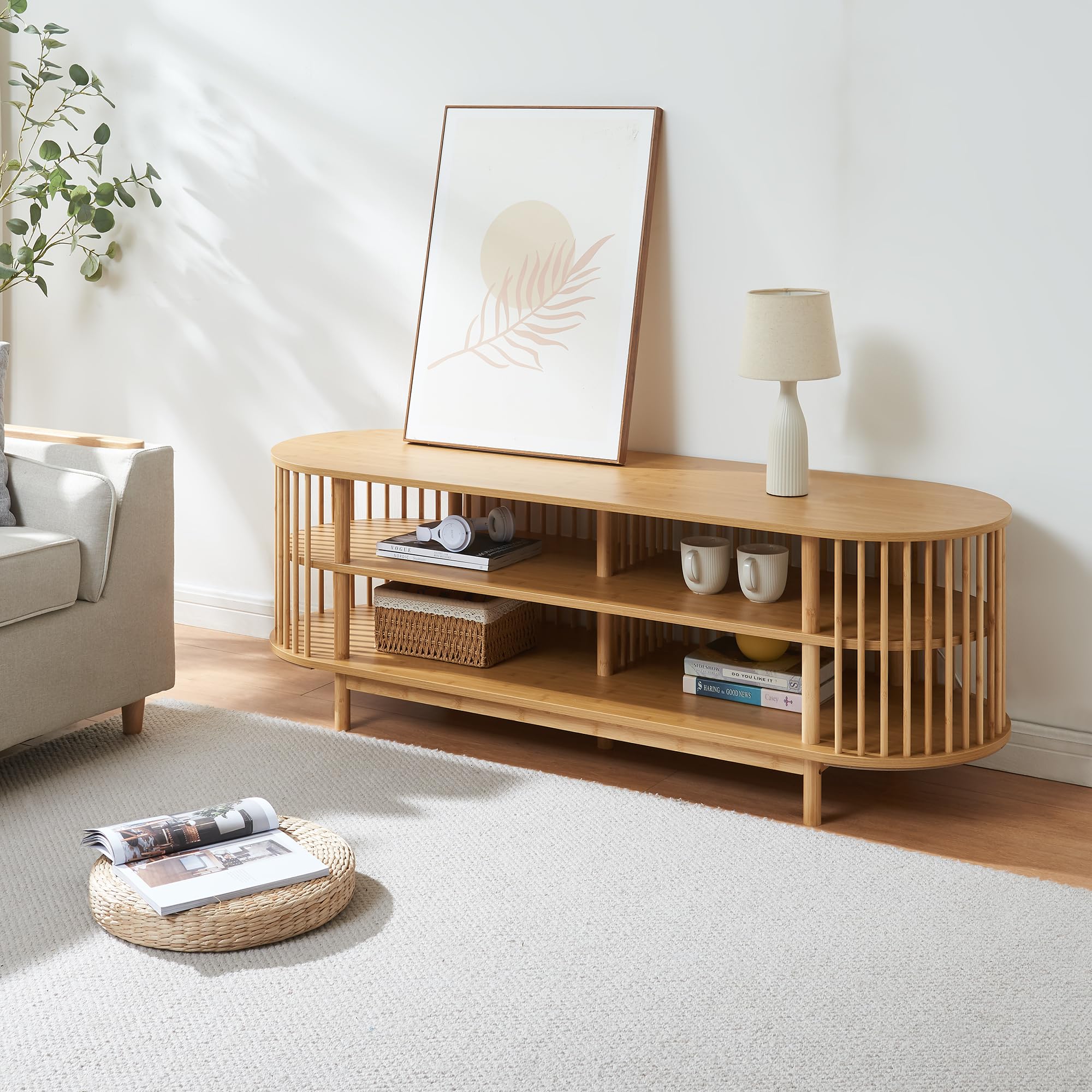 [en.casa] Stolik pod telewizor Jarvenpaa 150x48x50 cm z bambusa w kolorze naturalnym, szafka telewizyjna, stojak na TV, meble do salonu