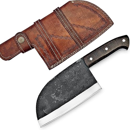 ColdLand - Cuchillo de carnicero de alto carbono, forjado a mano, cuchillo con funda de cuero para cocina, barbacoa, camping o al aire libre, 12