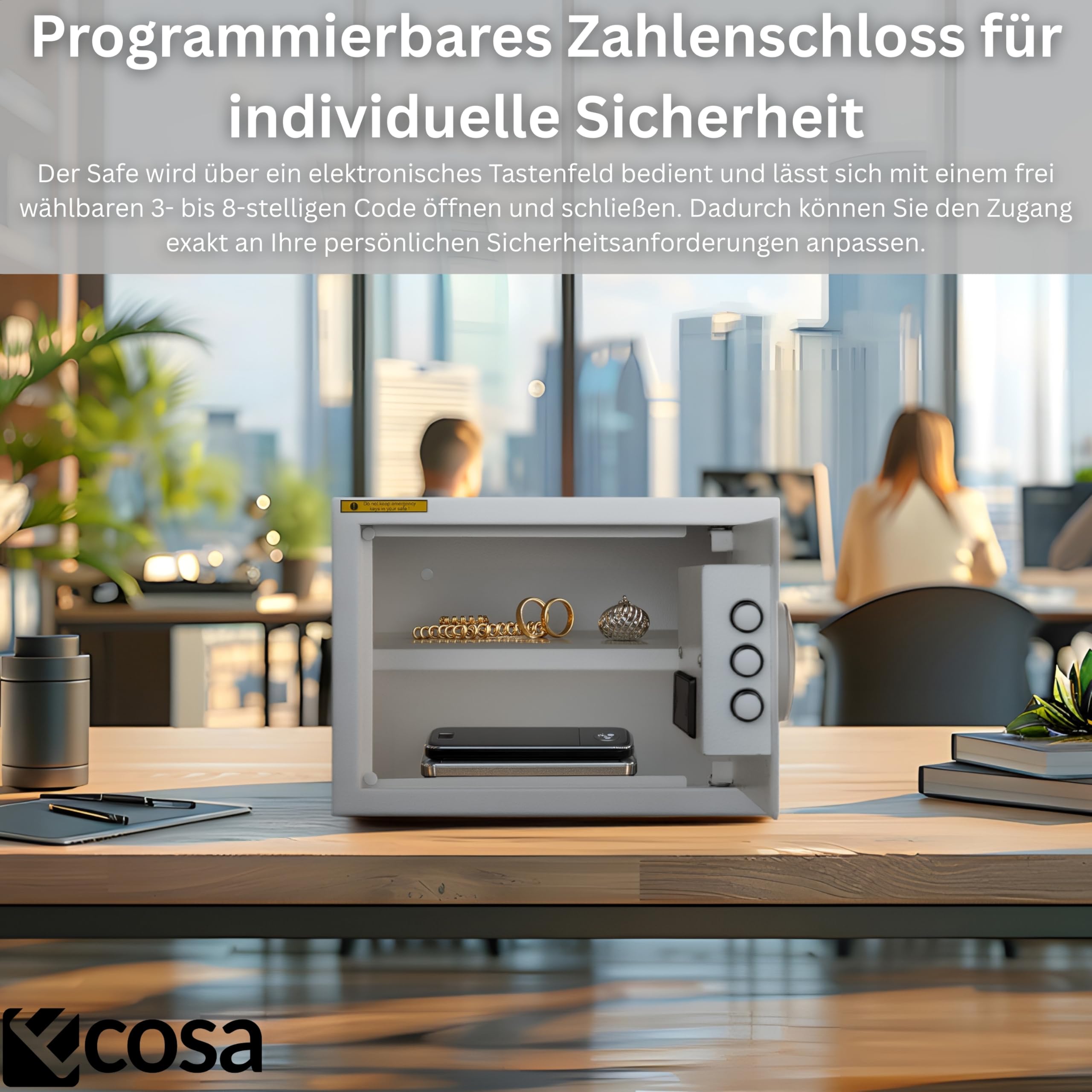 Ecosa Elektroniczny sejf 35 x 25 x 25 cm – sejf meblowy i sejf ścienny z kodem numerycznym i kluczem, sejf hotelowy do domu, 3-krotna, bardzo gruba podwójna blokada bolca, ognioodporny, wodoszczelny