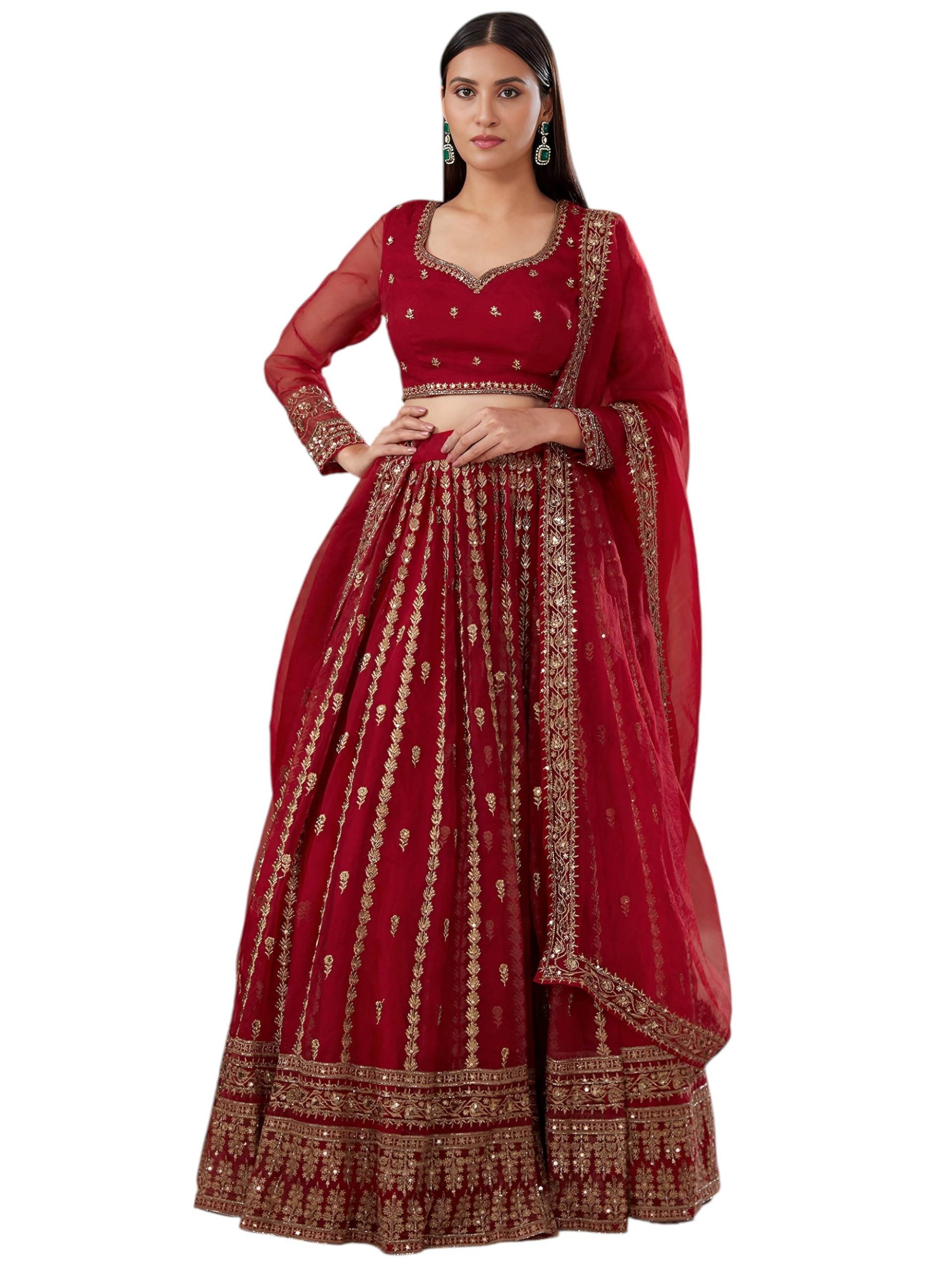 Women's Zari With Sequins Embroidered Work Organza Designer Lehenga Choli with Dupatta (7069-Red-Womens-Lehenga-Choli-Latest; Free Size) (Red)-image-7