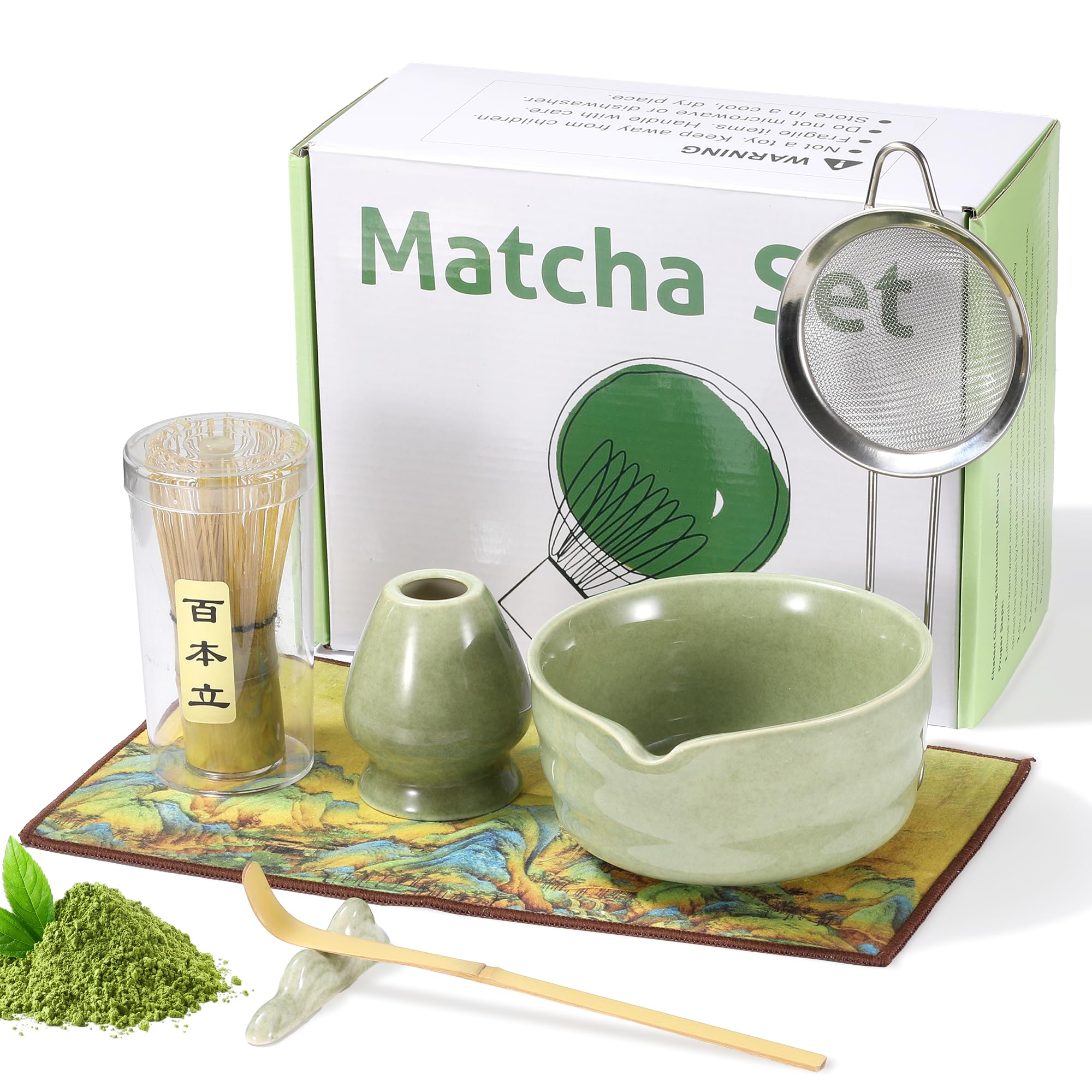 Te Matcha Kit 7 Piezas Matcha Set, con Batidor Matcha, Pala, Cuenco, Portabatidor, Tamiz de Matcha Accesorios para Kit Te Matcha Completo Ideal para el hogar, la oficina y como regalo