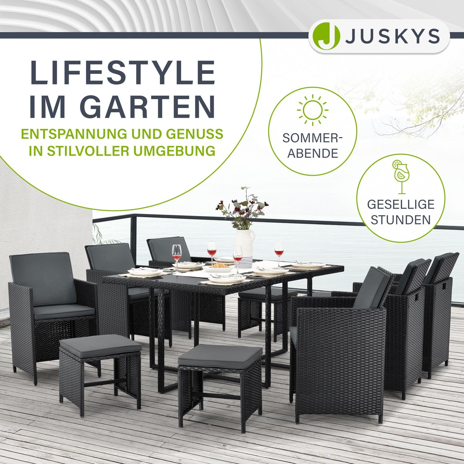 Juskys Polyrattan Sitzgruppe Baracoa XL 11-teilig wetterfest & stapelbar - 6 Stühle, 4 Hocker, Tisch mit Glasplatte & Kissen - 10 Personen - Gartenmöbel Set für Garten & Terrasse