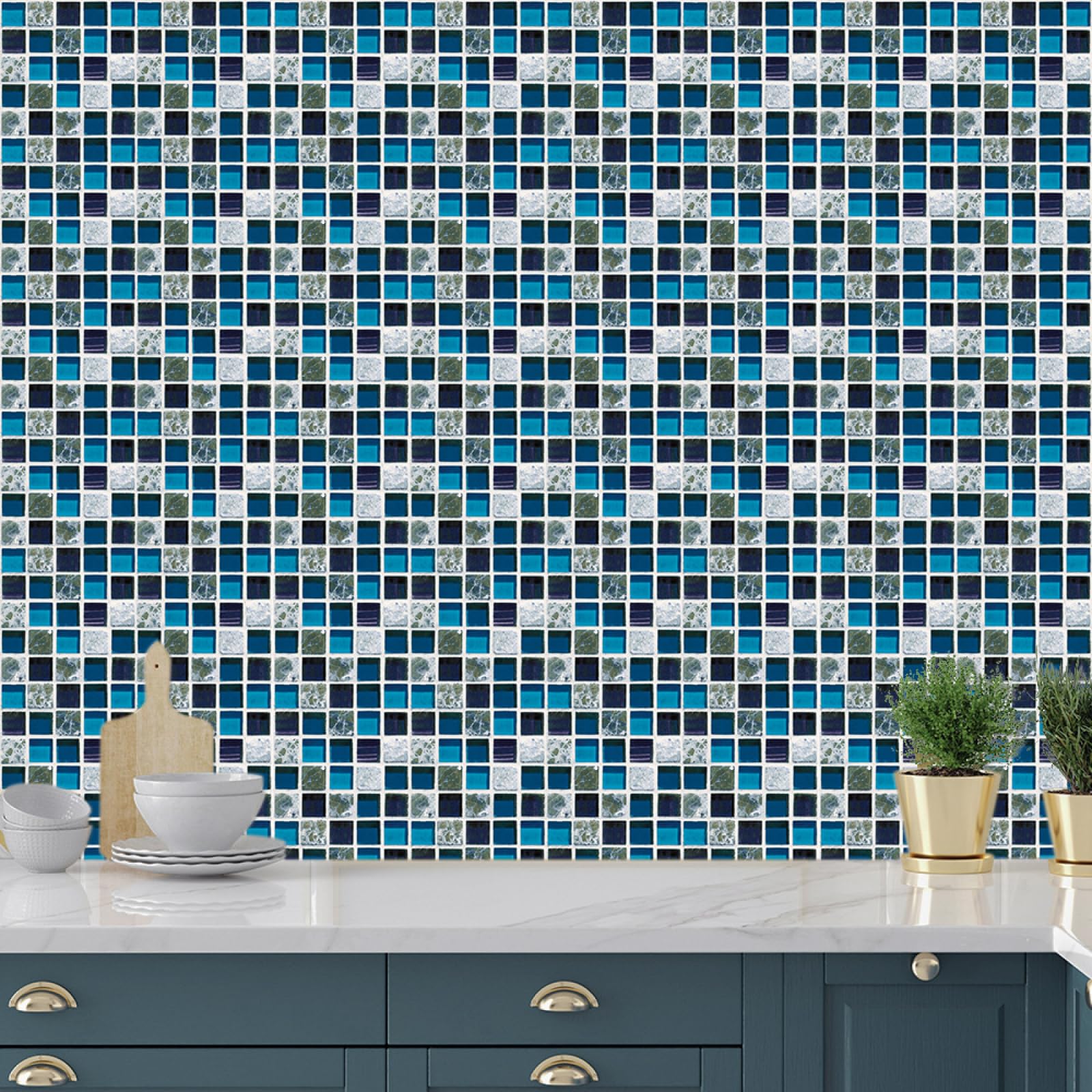 Tile Stickers Blue Green Mosaic Stick on Tiles Waterproof Self Adhesive Wall Oil-Proof Kitchen for Bathroom Stairs Home Decor 20 Pcs/15x15cm