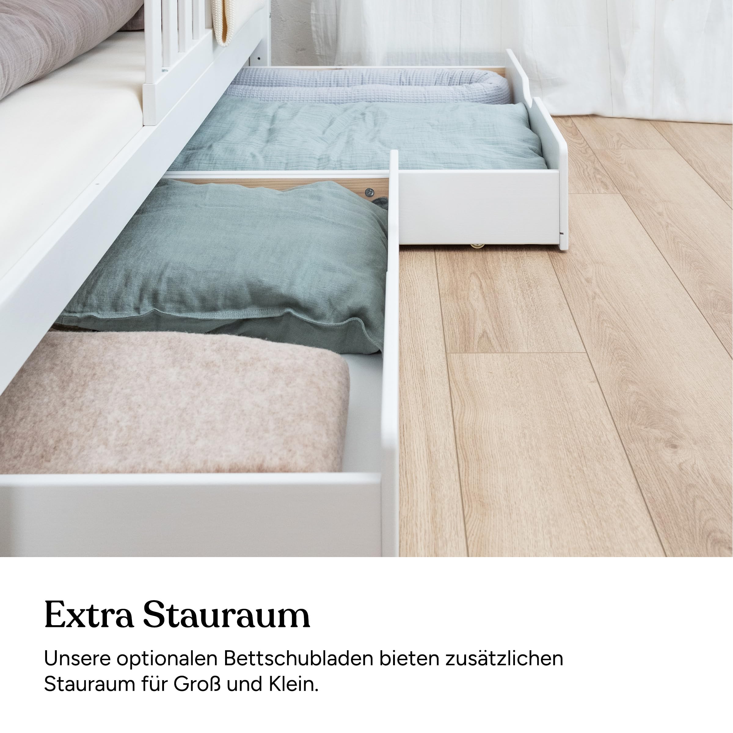 Ehrenkind® Hausbett Lille | Kinderbett mit abnehmbaren Rausfallschutz aus Massivholz FSC® zertifziert inkl. Bettkasten | Hausbett 90x200 | Kinderbett 90x200 Weiß