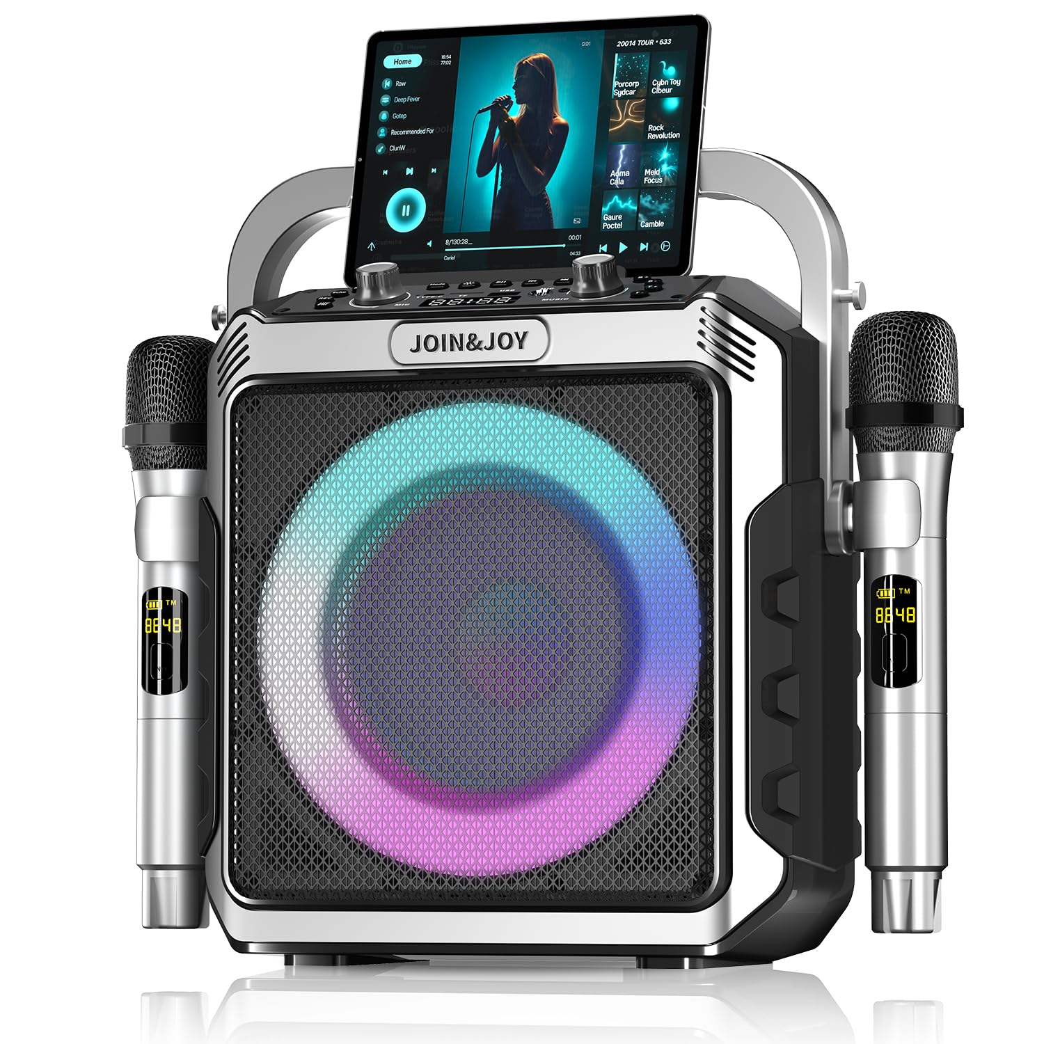 Portable Karaoke Machine, with Wireless Microphones, Bluetooth Party Speaker with LED Lights, Loud Subwoofer, USB/AUX, Outdoor Karaoke Speaker for Adults & Kids, Home & Party Silver