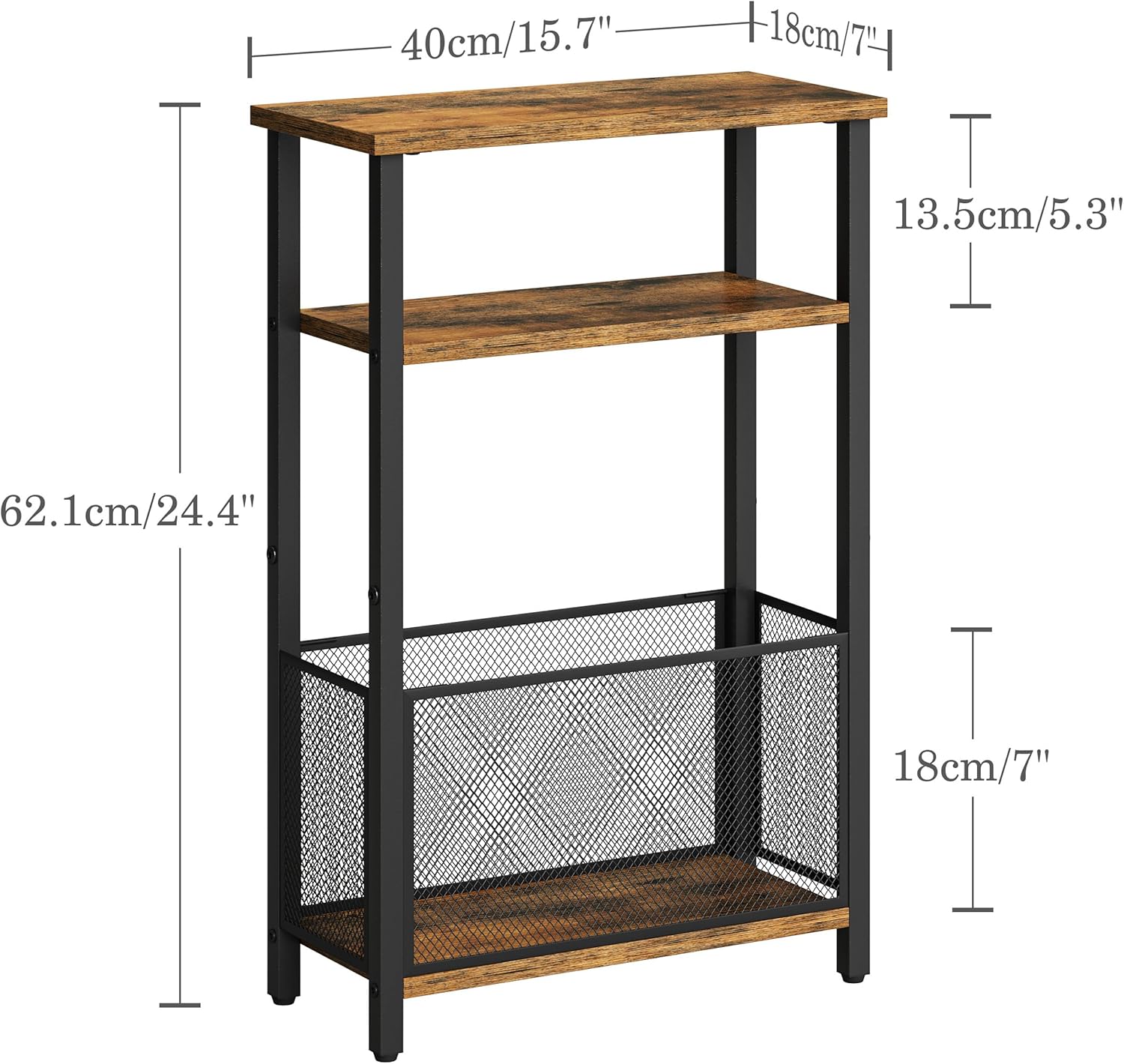 MMEOLUOOK Narrow Side Table with Storage Basket Skinny End Tables for Smalls Spaces 3 Tier Sofa Table Small Nightstand Slim Bedside Table for Living Room Bedroom Rustic Brown MLBZ22RB