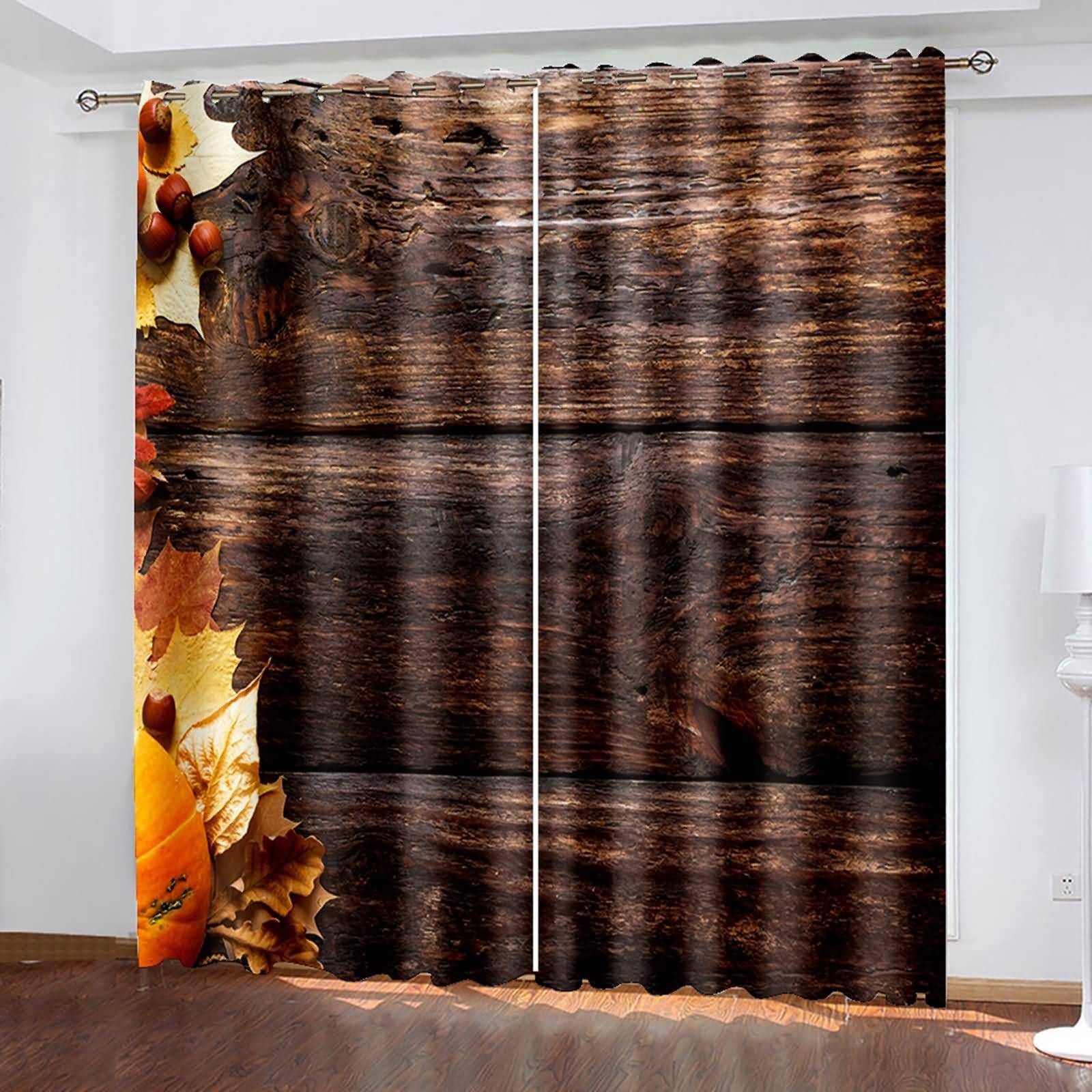 Tenda da Cucina con Occhielli,2 x 137W x 229H CM,Tende da Cucina Oscuranti 2 Pannelli Tavola di Legno e Motivo Foglia d'Acero Tende da Salotto Marrone Scuro