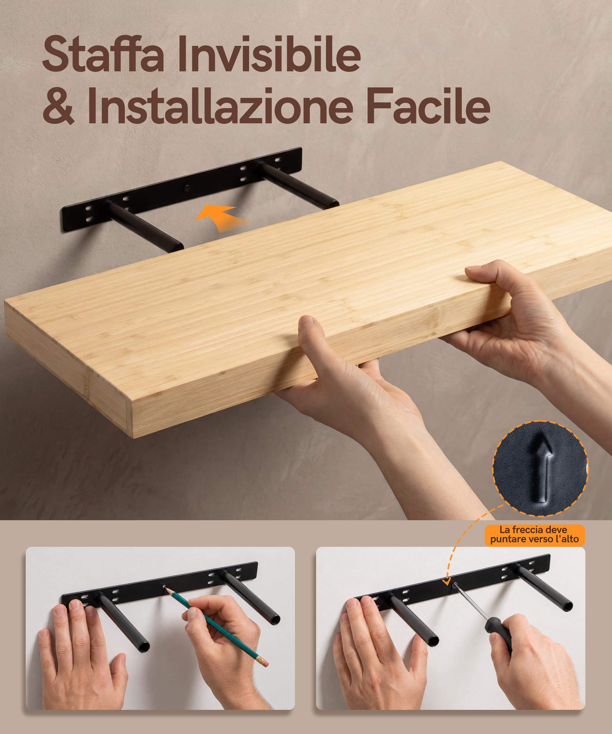 Afuly Mensole da Muro in Bambù per Soggiorno in Legno, 60 x 20 cm Set di 2 | Supporti nascosti, per libri, piante, foto e decorazioni, soggiorno, camera da letto, cucina e bagno, per uso quotidiano
