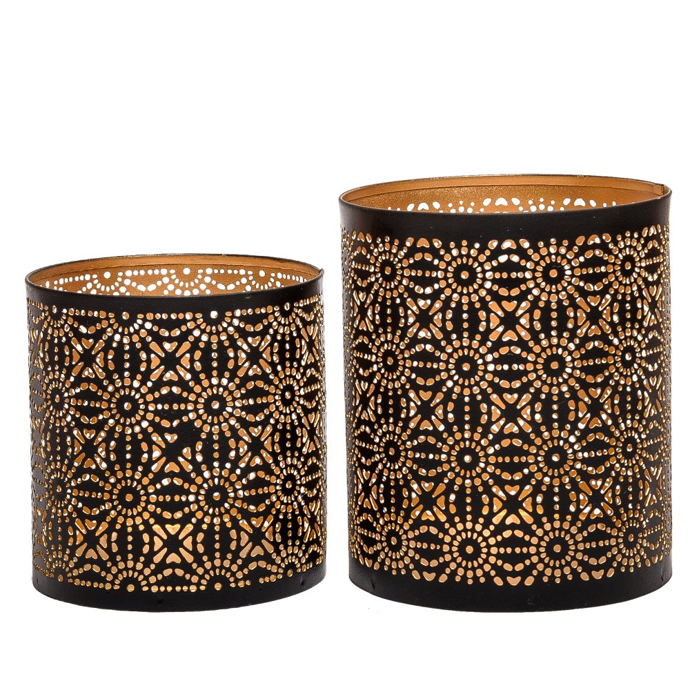 MarktSq Set of 2 Metal Votive & Tealight Candle Holders in Black Gold Finish