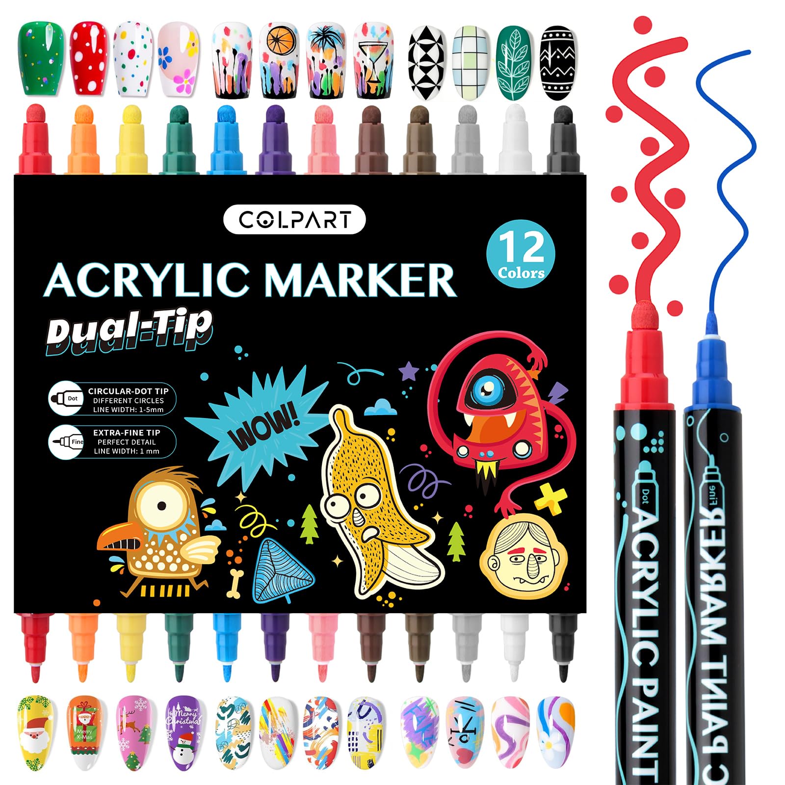 colpart Pennarelli acrilici a doppia punta,12colori di alta qualità, per pittura su roccia, legno, tela, plastica, metallo e pietra, pennarelli acrilici per lavori fai da te, forniture artistiche…