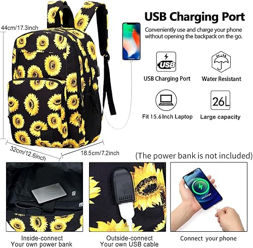 Miniatura 2 de KEOFID Mochila para laptop, mochila de viaje para hombres y mujeres, puerto de carga USB, Girasol, 17,3 pulg., Moderno, casual, ligero, fuerte, firme
