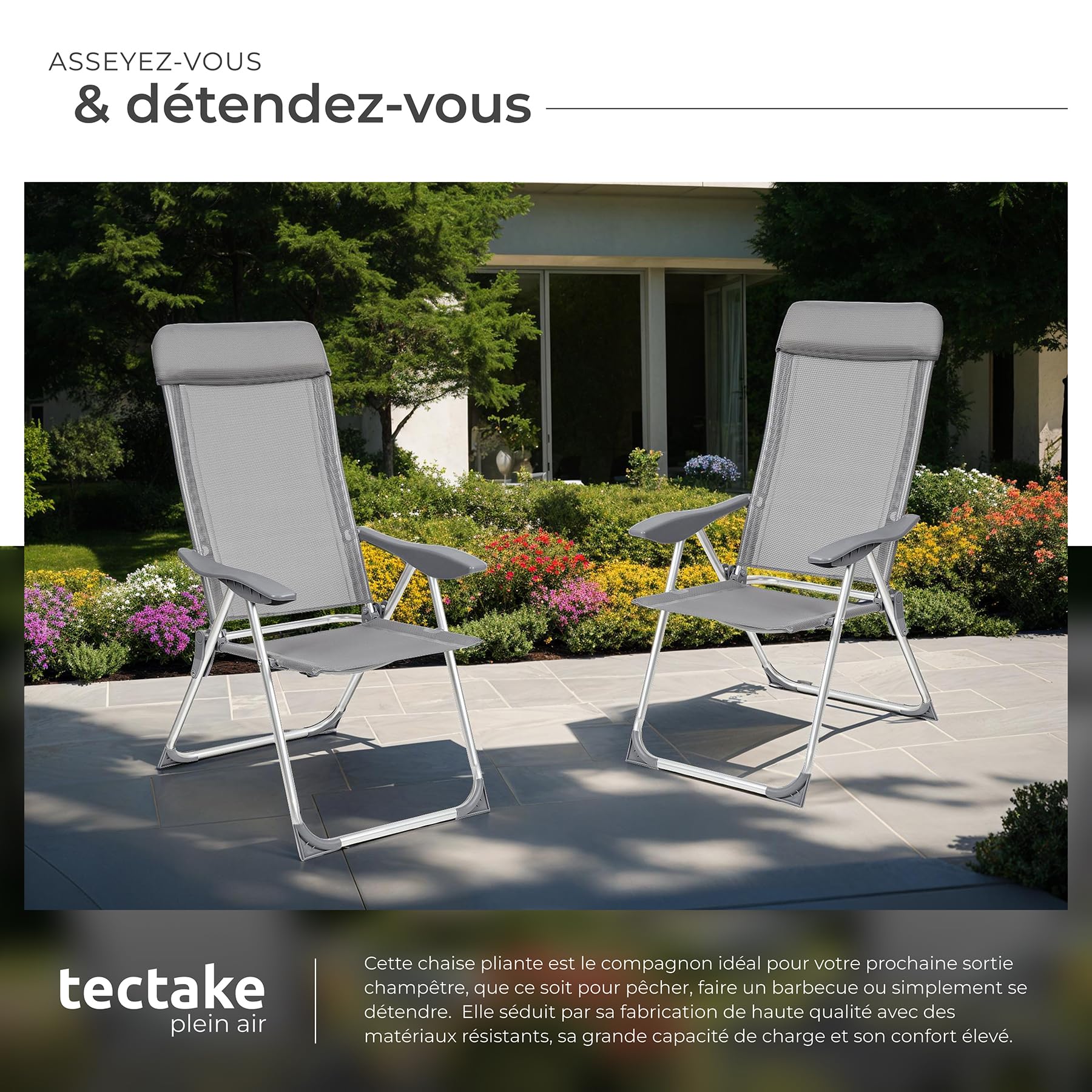 tectake® Lot de 4 Fauteuil de Jardin Pliable avec Accoudoirs Salon de Jardin Exterieur, Structure en Aluminium, Dossier Inclinable, Mobilier pour Amenagement Balcon Terrasse