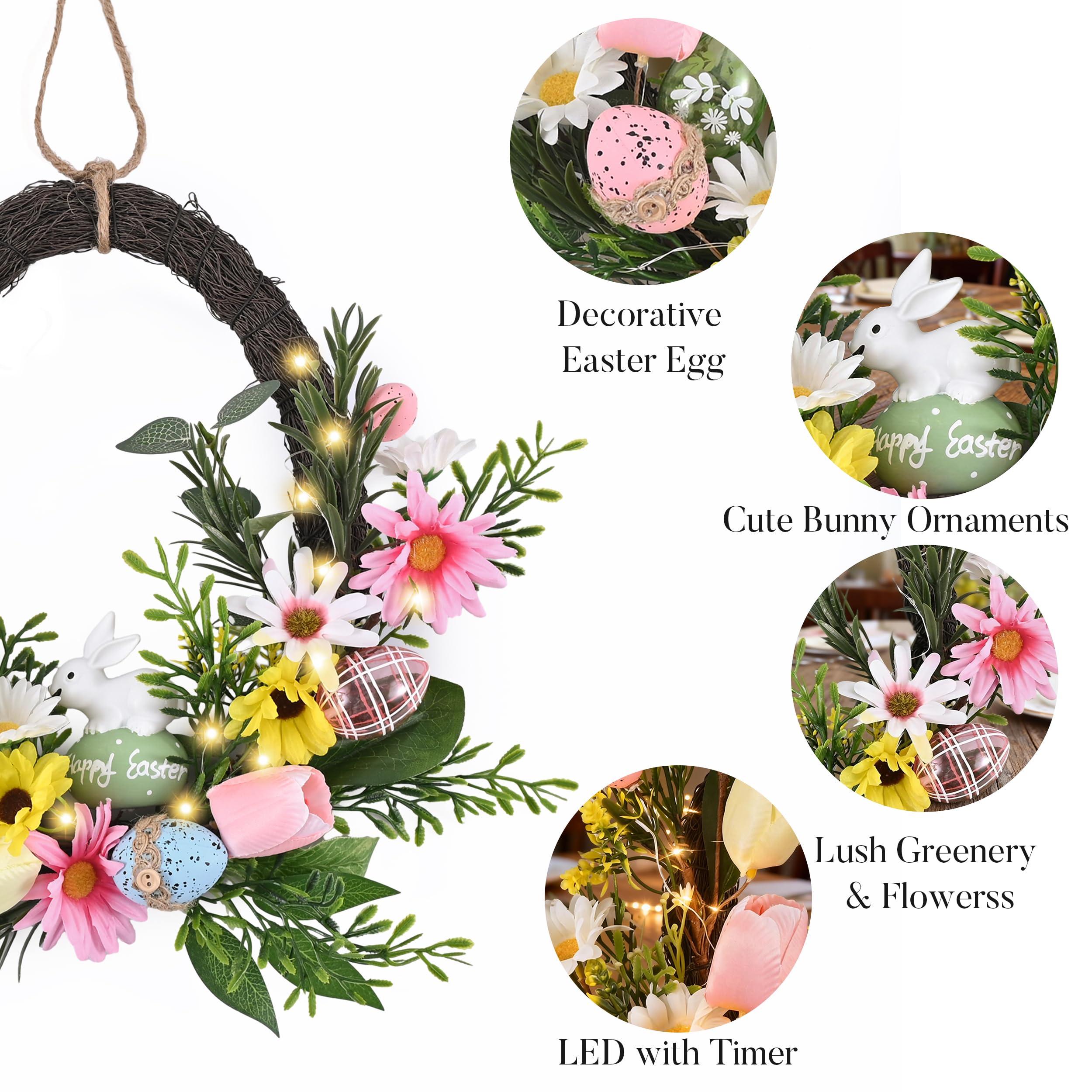 Valery Madelyn Couronne de lapin de Pâques avec œufs pastel, couronne de printemps artificielle pour maison, intérieur, extérieur, fenêtre, mur, vacances, décoration de fête - 40,6 cm