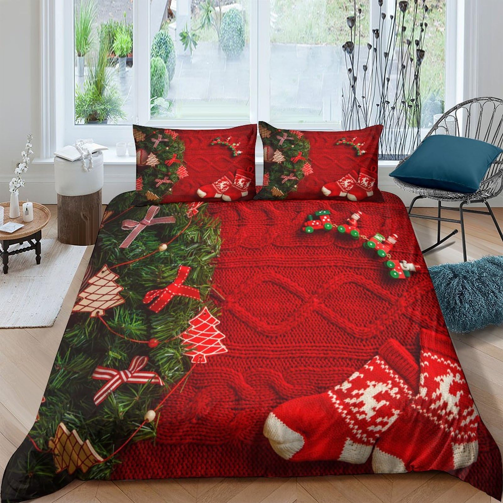 Ctjqhvkz Style-6 3D Printed Christmas Wreath Fitted Sheet Microfiber Red Festive Socks Mattress Cover For Bedroom Guest Room Decor Protection Single（135X200cm）