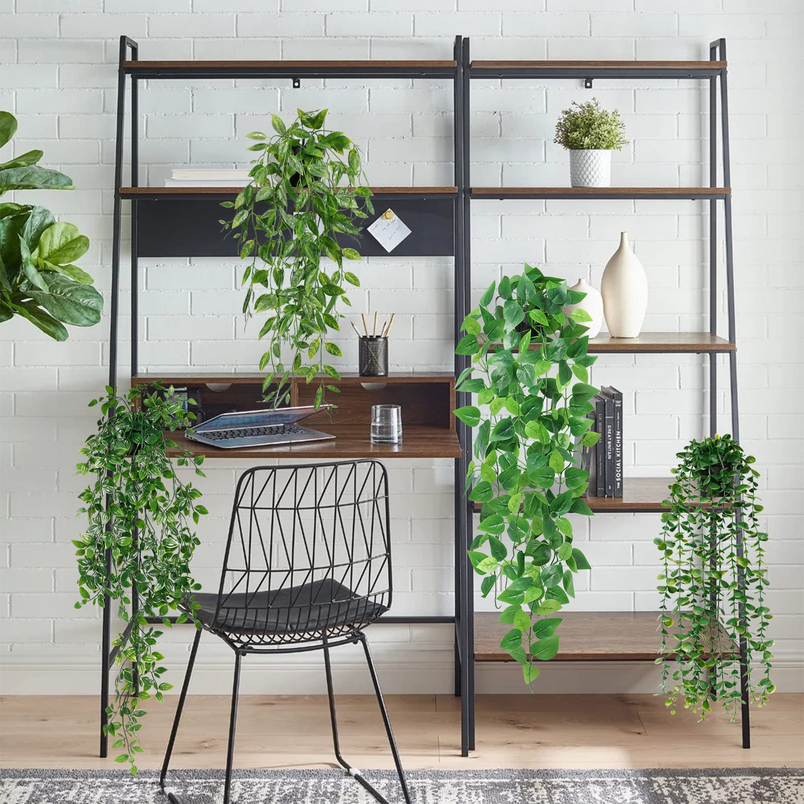 Betylifoy Pianta Finta Cadente con Vaso 4 Pz, Piante Artificiali Sospese Foglie di Eucalipto con Vasi, Pianta in Vaso Artificiale per Giardino di Casa Interni ed Esterni