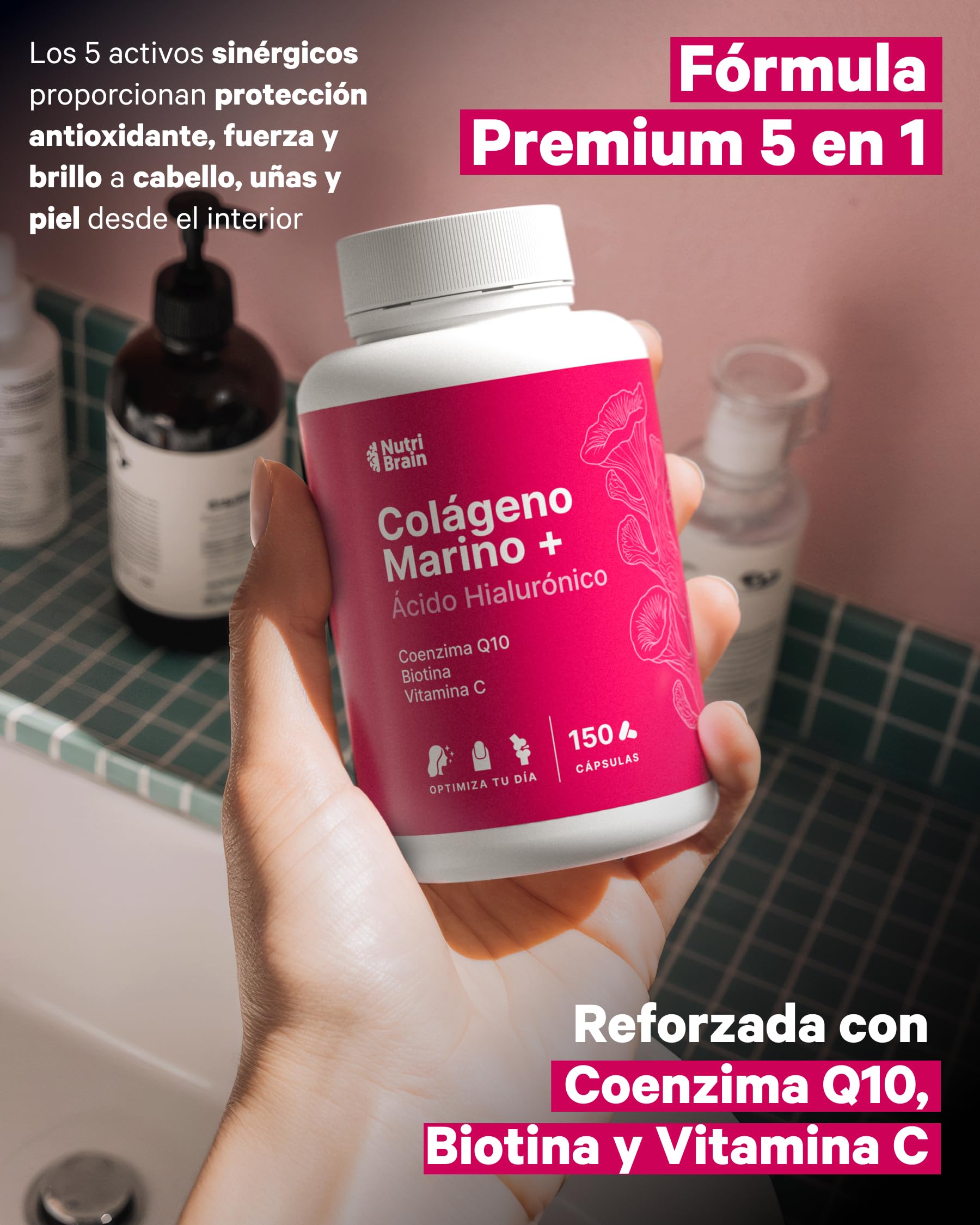 Colágeno Marino Hidrolizado Puro con Ácido Hialurónico, Vitamina C, Coenzima Q10 y Biotina - 150 Cápsulas, 5 Meses - Alta Biodisponibilidad - Péptidos Tipo I - Articulaciones, Piel, Pelo y Uñas