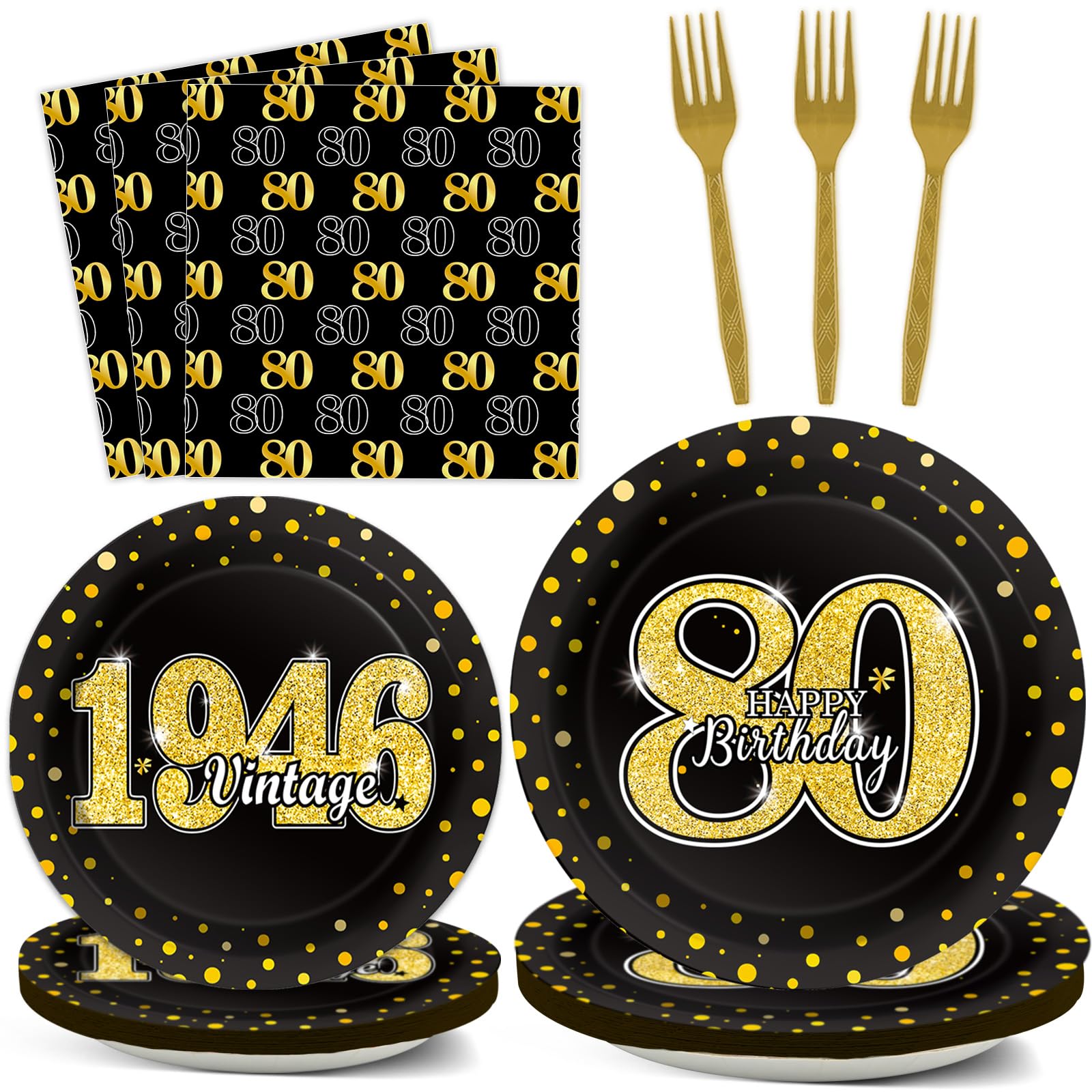 96PCS 80th Birthday Party Decorations Vintage 1946 Paper Plates Napkins