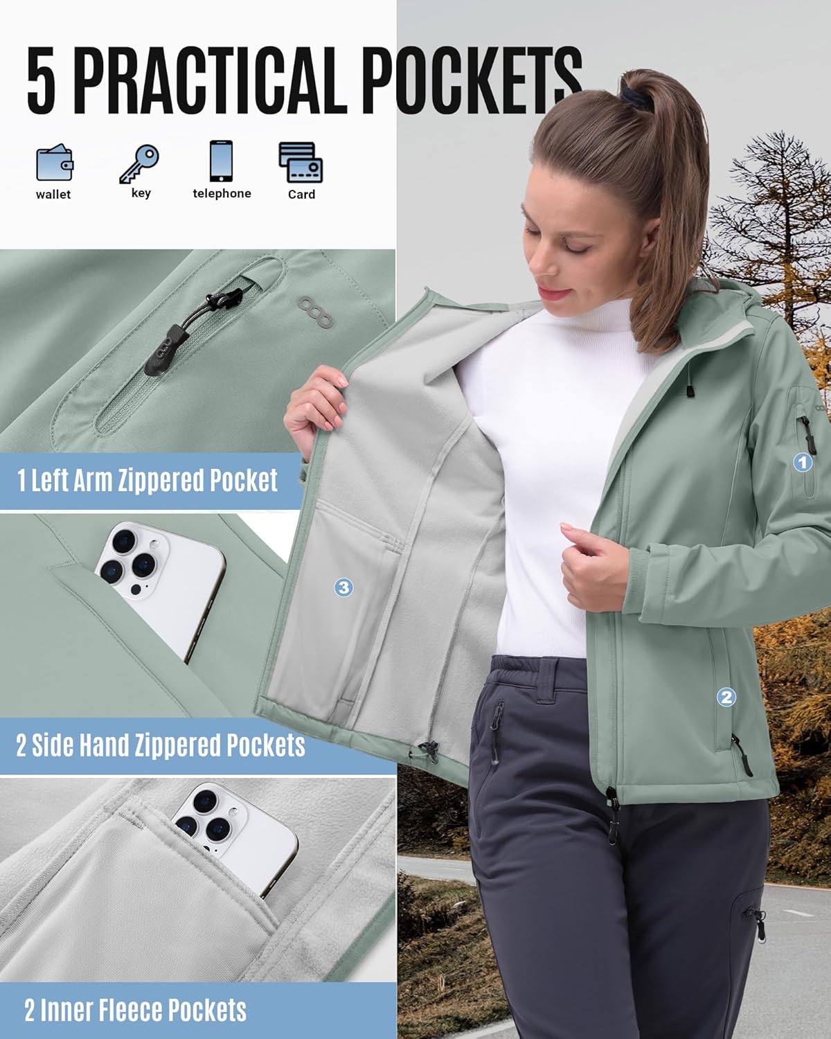 33,000ft Women's Softshell Jacket, Fleece Lined Warm Jacket Light Hooded Windproof Coat for Outdoor Hiking