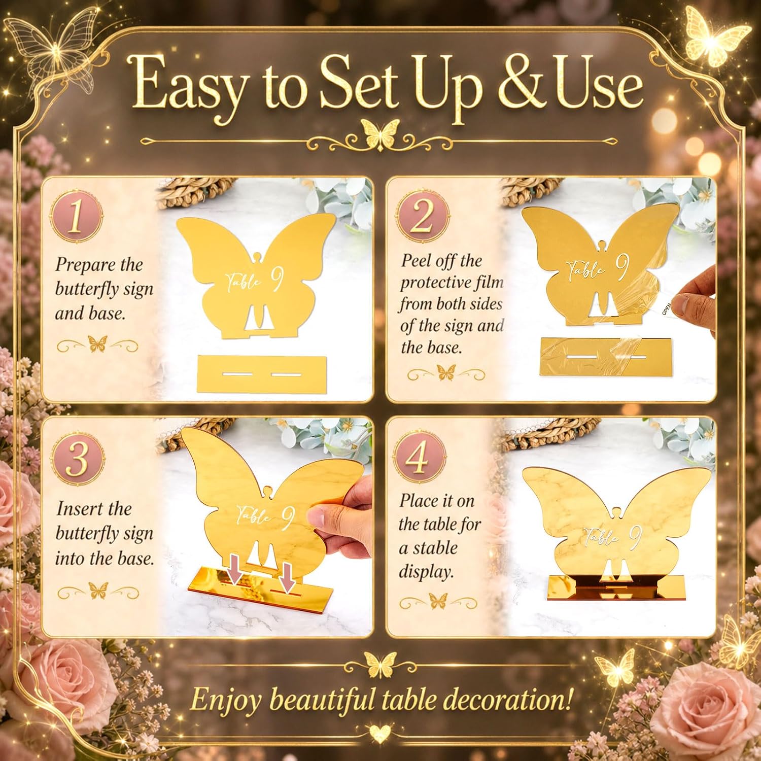Lewtemi 15 Pcs Butterfly Gold Wedding Table Numbers 1-15 with Stands, Double Sided Mirror 4x5 Inch Acrylic Butterfly Signs Numbers for Reception, Wedding, Party, Anniversary, Events Table Decor