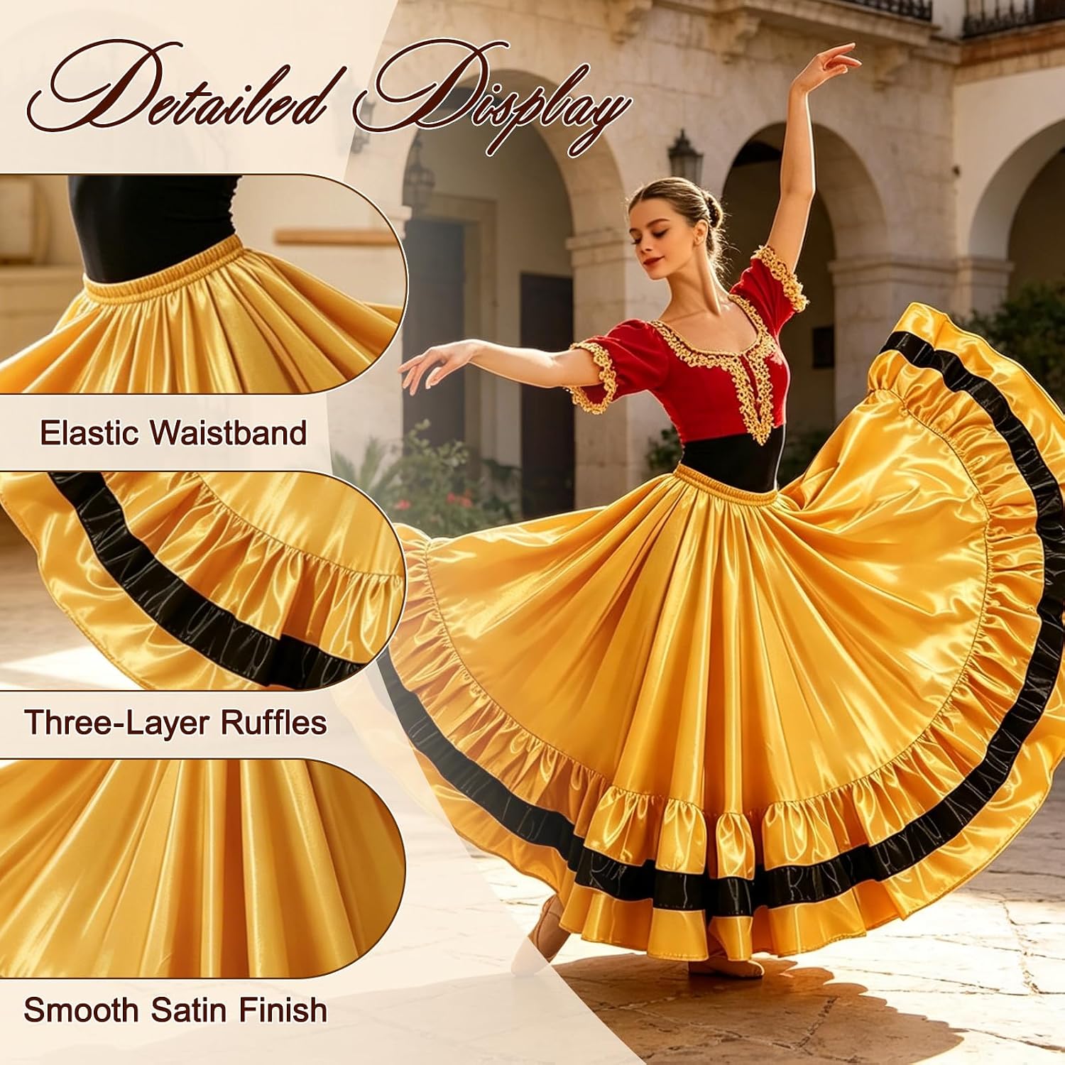 4PCS Flamenco Skirts for Women Full Circle Ruffle Long Satin