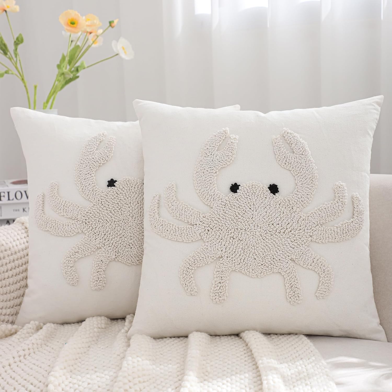 Crab Pillow Covers 18x18 Pack of 2 Coastal Beach Embroidered Throw Pillow Covers Beige Tufted Pillow Cushion Cases Farmhouse Decor Ocean Themed Cushion Covers for Spring Summer
