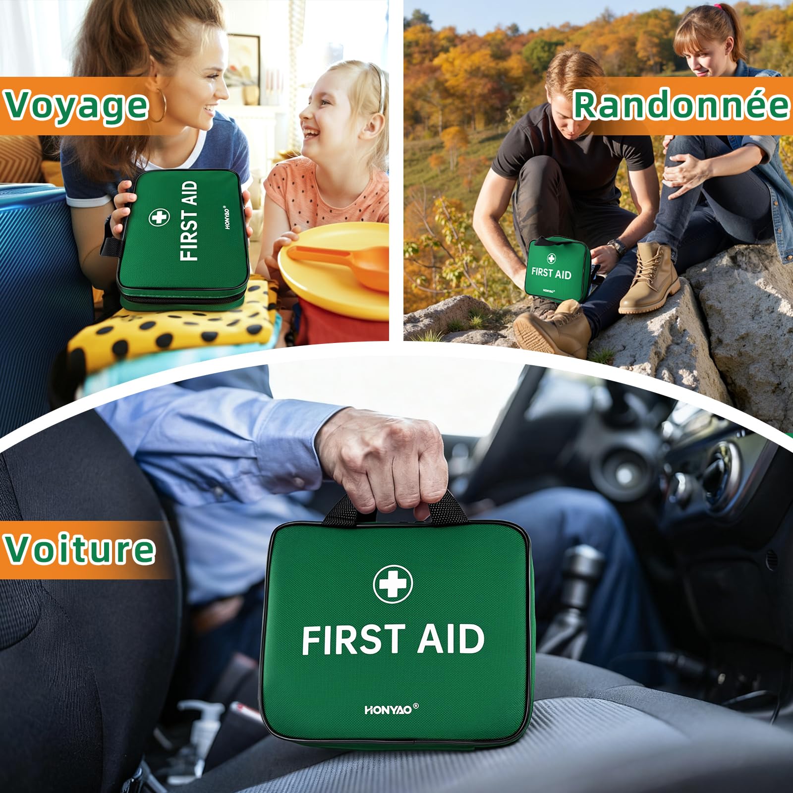 HONYAO Trousse de Secours 180 Pièces, Kit Premier Secours Complète, Trousse à Pharmacie pour Maison Voiture Sport Voyage Camping Enfant Lieu de Travail, Vert