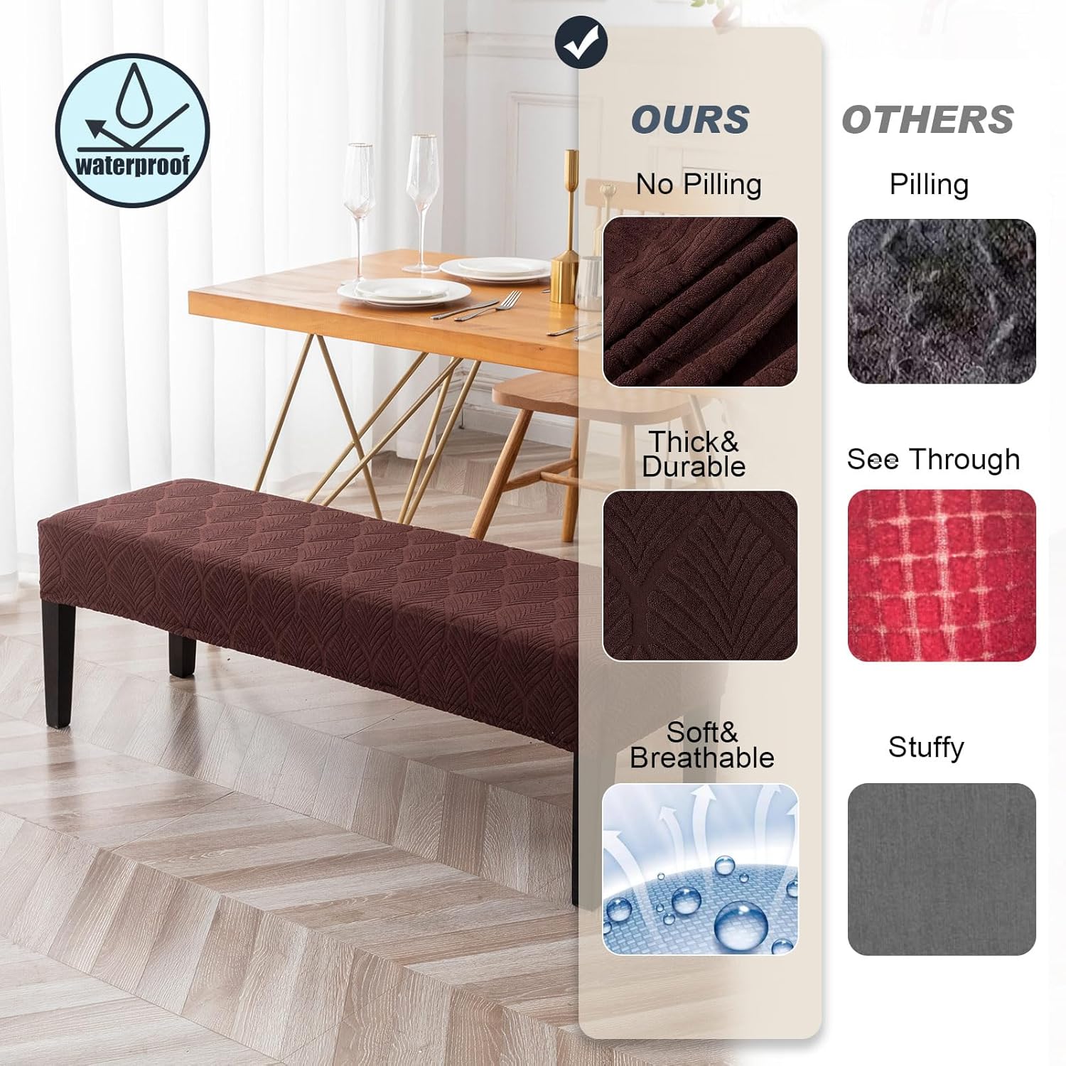 Genina Waterproof Dining Room Bench Covers, Stretch Jacquard Bench Seat Protector Cover, Rectangular Bench Cover for bedrooms, Living Rooms, Kitchens, Removable, Washable (Chocolate)