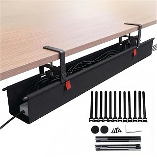 Under Desk Cable Management Tray 48" — No Drill Clamp-On Cord Organizer for Desk with Built-in Ties, Heavy Duty Metal Clamp, Foldable 600D Oxford Fabric for Home Office, WFH & Gaming PC Setup (Black)