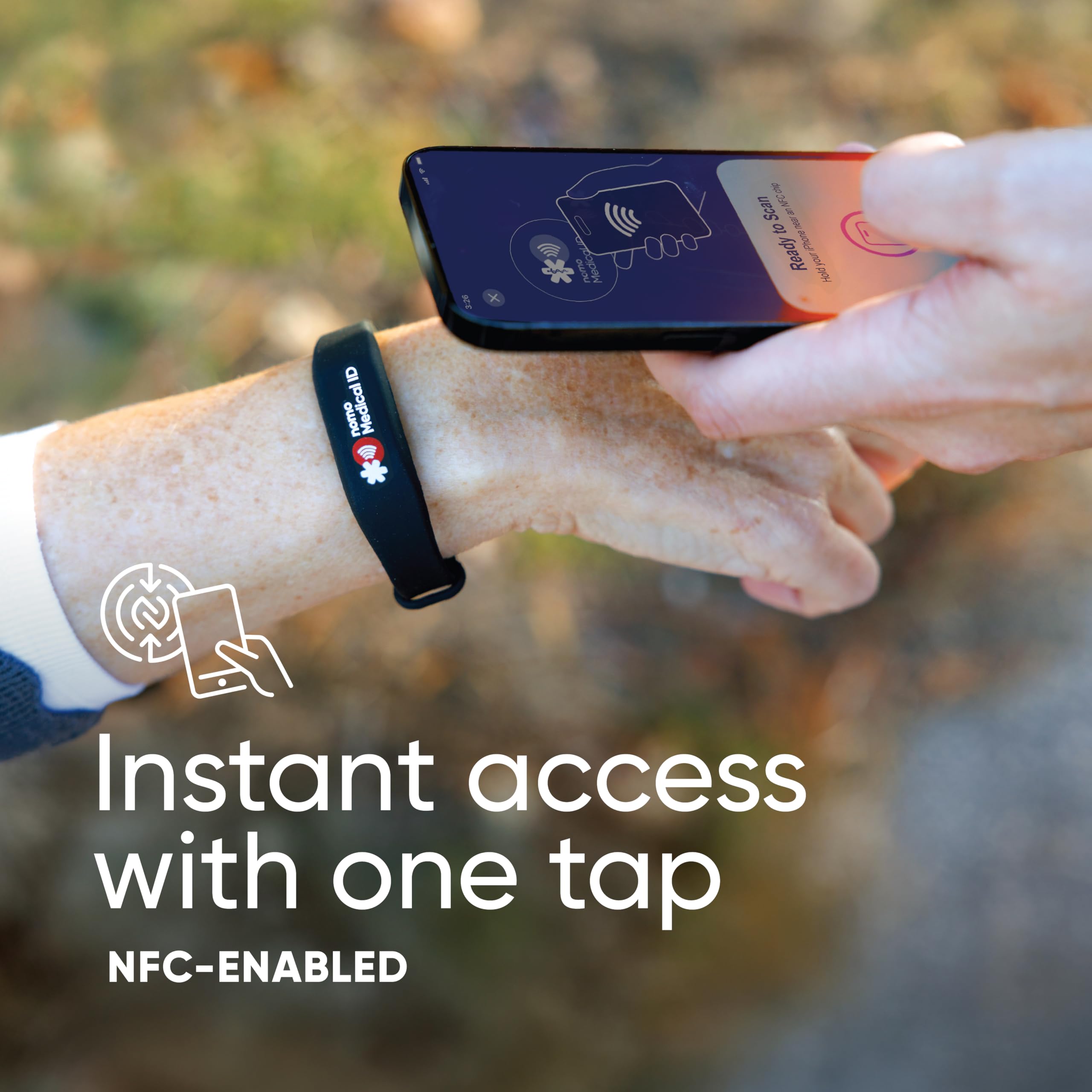 Pulsera de identificación médica para mujeres y hombres, habilitada para NFC, resistente al agua, información médica de emergencia y intercambio de ubicación cuando se escanea, actualiza fácilmente el