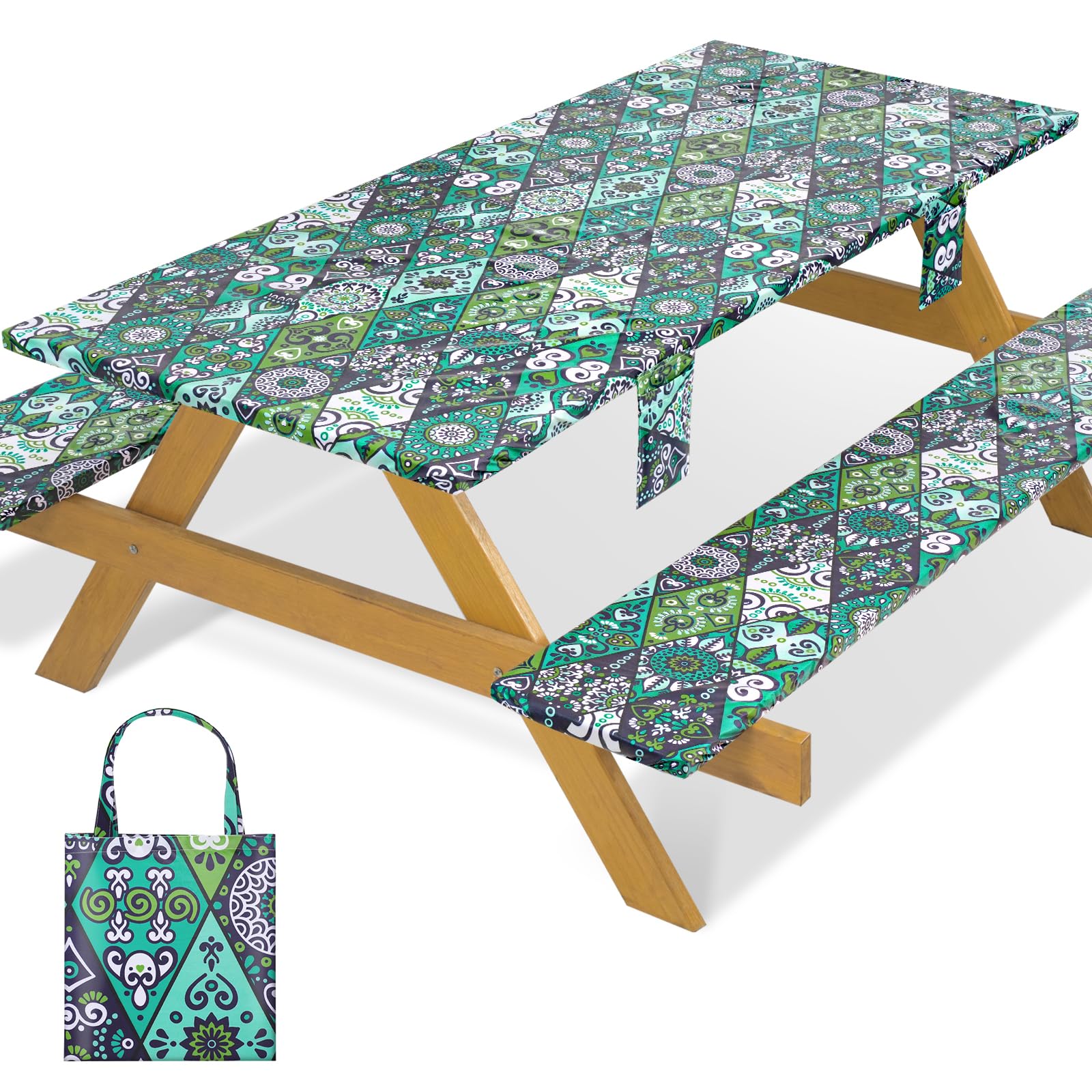 memkiya 6 Ft Picnic Table Cover with Bench Covers 72×30 Inch Waterproof Windproof Camping Tablecover Must Have Outside Gadgets Travel Trailers Kitchen Accessories for Rv Owners Green Ethnic Style — image 1