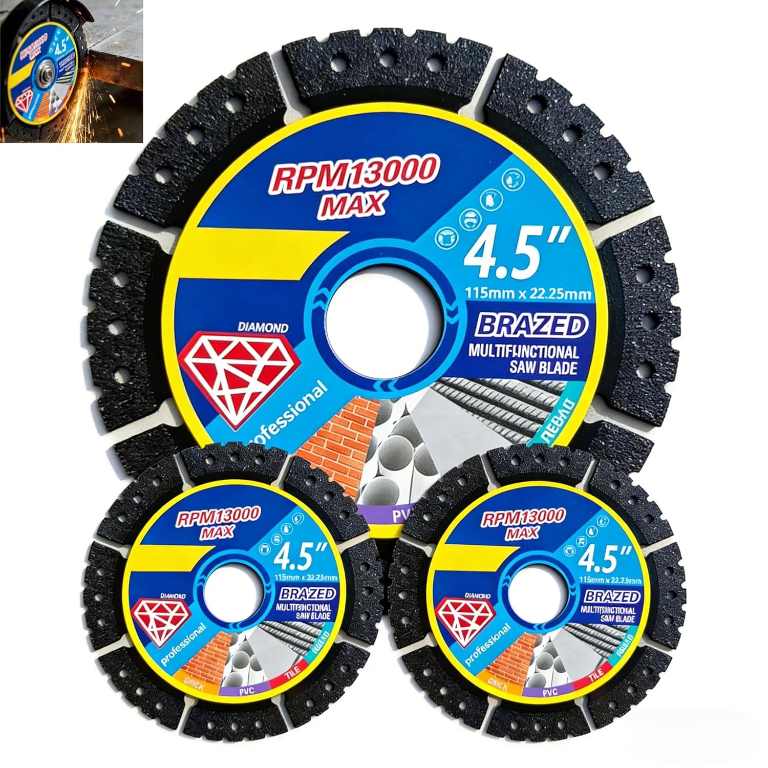 Multi-Purpose angle grinder discs, 115mm/4.5" Saw Blades, Heavy Duty Angle Grinder Discs tile cutting disc, 1.2mm/0.05" Ultra Thin Wheel Disc, Dry/Wet Cutting for Concrete, Steel, PVC, and Wood (3PCS)