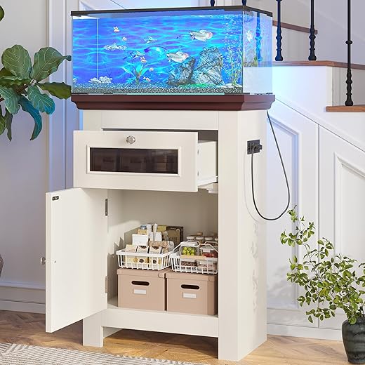 10-15 Gallon Fish Tank Stand, Aquarium Stand with Power Outlets, 198LBS Capacity, Fish Tank Table with Storage Cabinet and Drawer, Aquarium Table for Reptile Terrarium Stand, Beige Brown