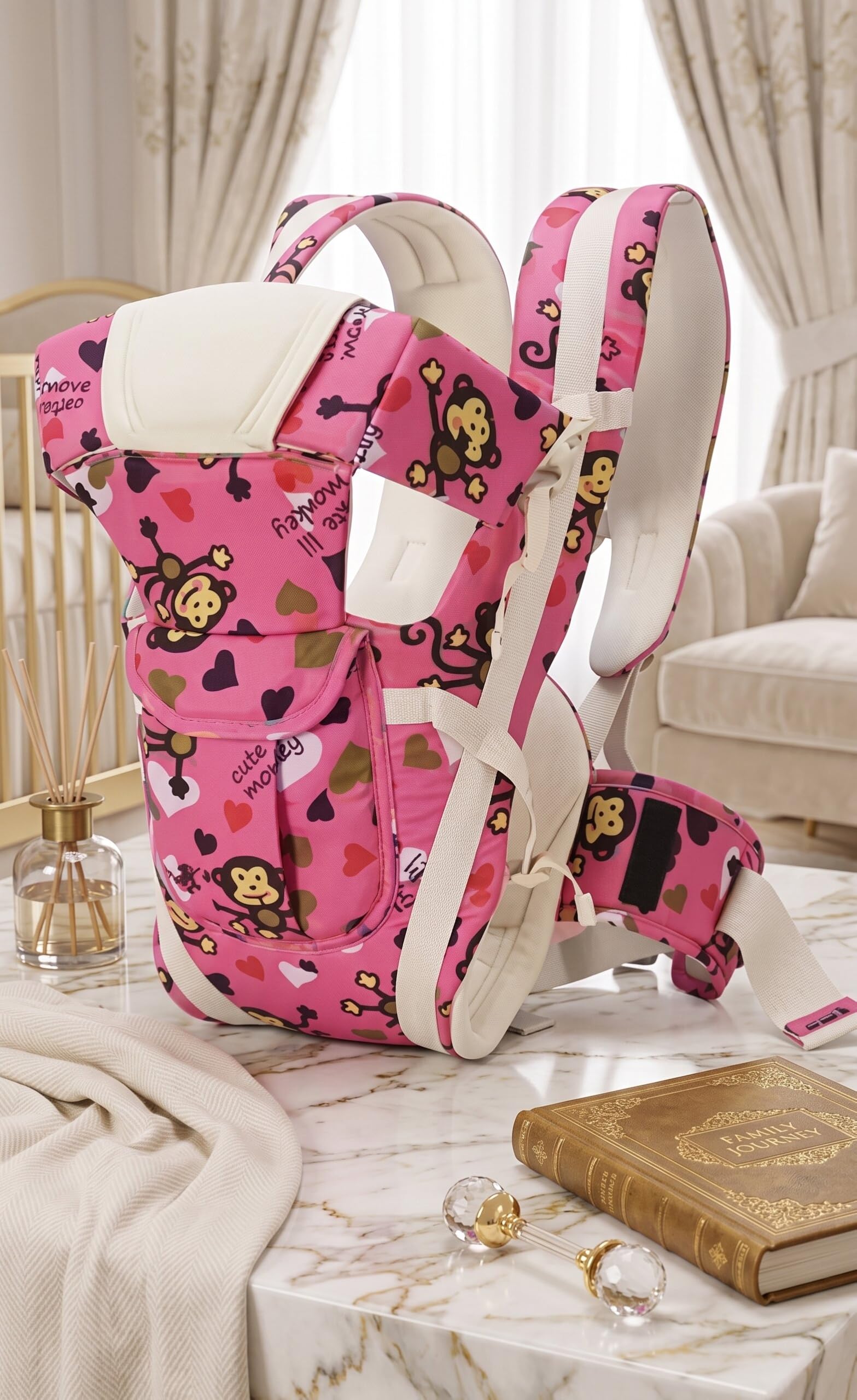 4 in 1 Baby Carrier Cuddler Kangaroo Bag Ergonomic Newborn Toddler Adjustable Travel Support Pink Monkey Print-image-26
