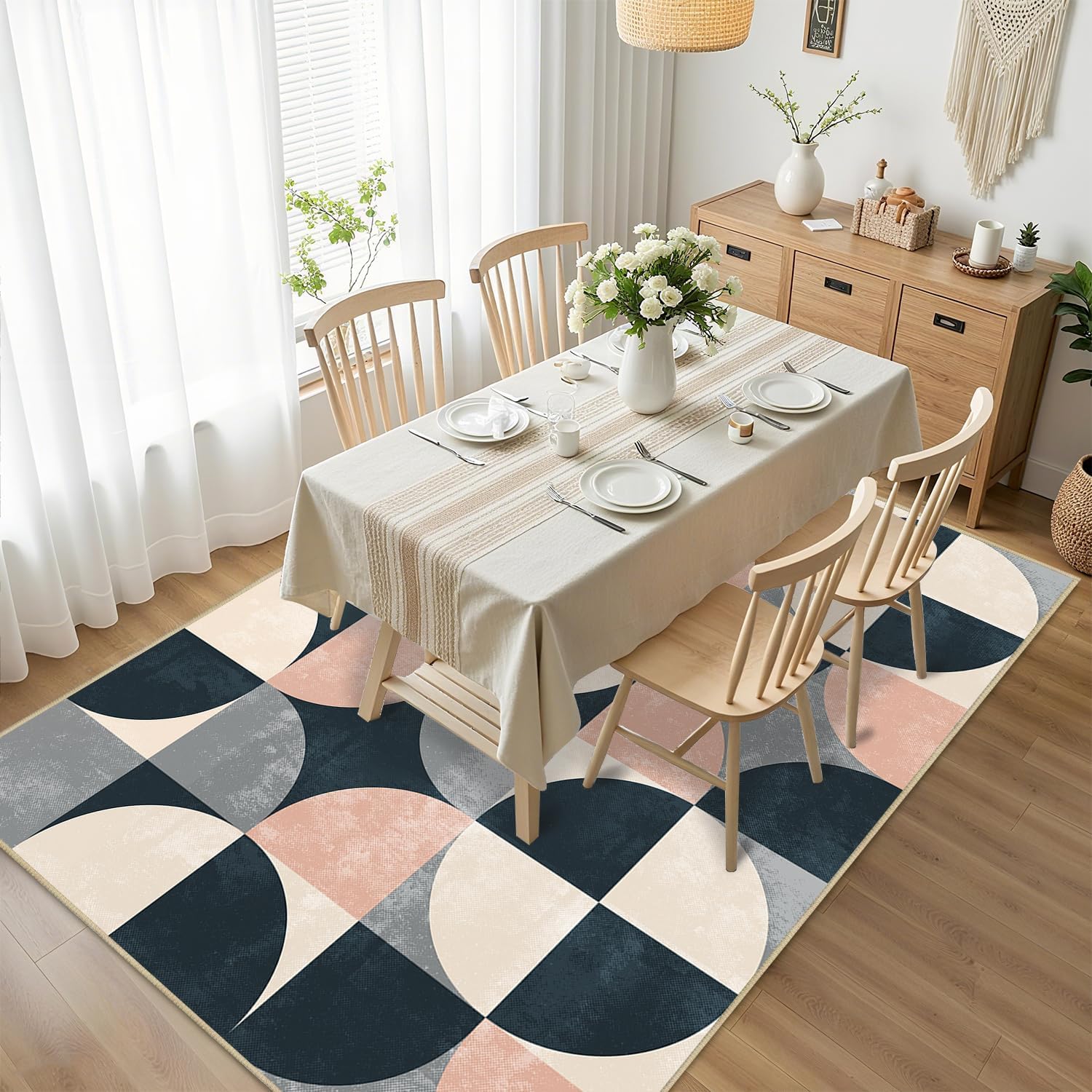 Geometric 3x5 Area Rug Abstract Neutral Rugs Machine Washable Non-Slip Low-Pile Pink Grey Floor Carpet Mat for Living Room Bedroom Kitchen Bathroom