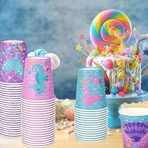 Miniatura 7 de Whaline 100 vasos de papel de sirena de 9 onzas, vasos de papel de animales marinos, tazas de té de café y océano de verano, tazas desechables para