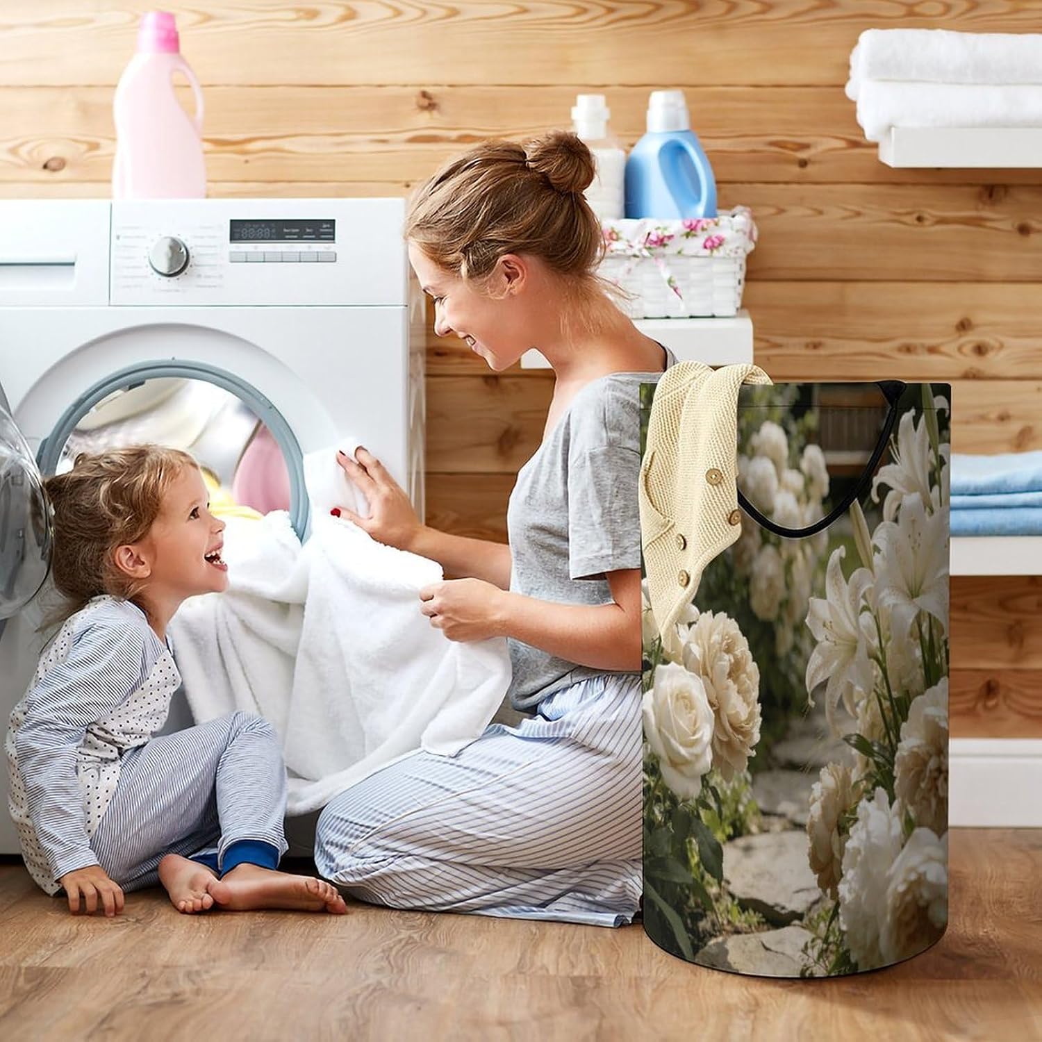 Beige Garden Neutral Floral Laundry Hamper 86L Waterproof Collapsible Clothes Basket with Double Handles Freestanding Foldable Laundry Basket Large Clothes Hamper for Bathroom