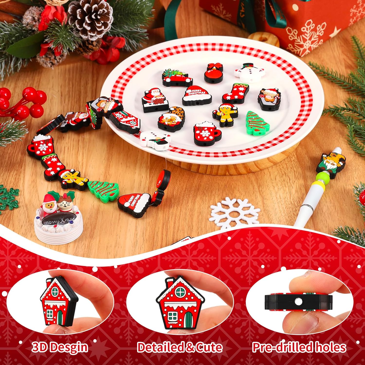 FYSUIMU Christmas Silicone Focal Beads Xmas Tree Santa Claus Gingerbread Snowman Gnome Mixed Loose Rubber Beads for Winter Holiday DIY Crafts Pen Keychain Making Accessories, 12Pcs - Image 4