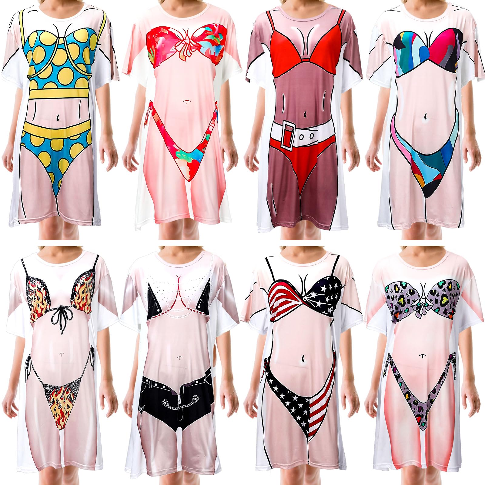 Halfchet8 Pcs Women's Bikini Shirt Cover up Short Sleeve Cute Bikini Print Baggy Swimwear Cover up Beach Bikini Tshirt Funny Women Summer, XL