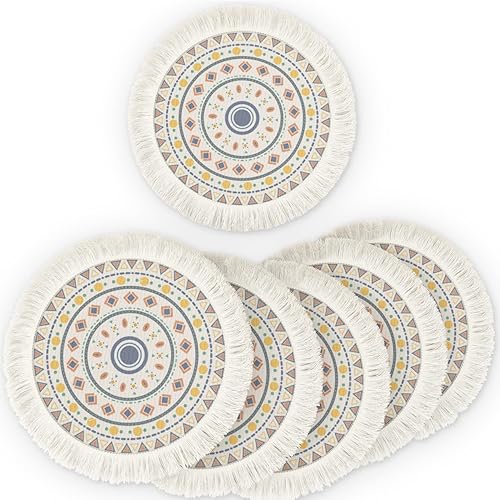 Coziselect Placemats, 13 Inch Boho Woven Tassels Placemats Set of 6, Non Slip Washable Handmade Dinner Mat, Circle Heat Resistant Cotton Place Mats