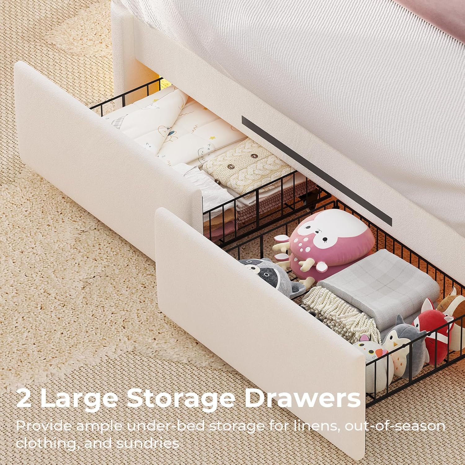 Close-up of the bed frame's sturdy round legs and noise-free EVA sponge for slats, highlighting stable construction.