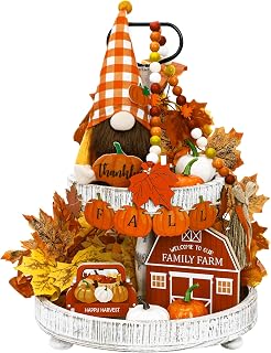 14 PCS Fall Decorations for Home, Fall Tiered Tray Decor, Rustic Farmhouse Autumn Wooden Signs Plush Gnome Maple Leaves Bead Garland Pumpkins Fall Banner for Harvest Table Decoration
