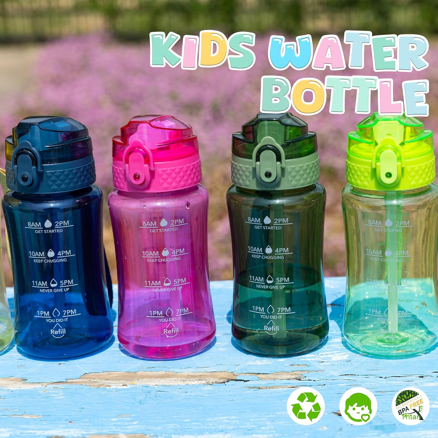 OLDLEY 12oz Kids Motivational Water Bottle with Silicone Straw, Leak-Proof Tritan BPA-Free, Reusable for School Girls & Boys, Eggplant - Image 3