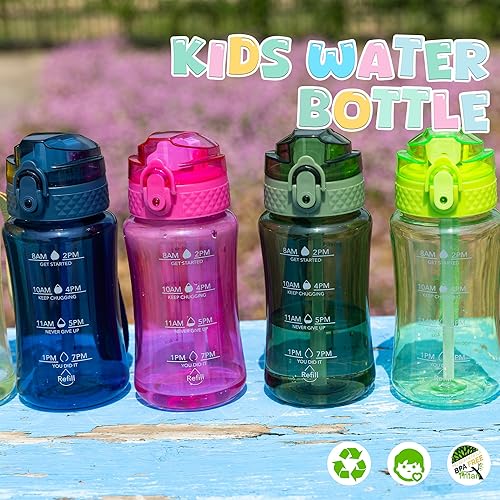 Miniatura 3 de OLDLEY Botella de agua motivacional para niños de 12 onzas con popote de silicona, Tritan a prueba de fugas, sin BPA, reutilizable para niñas y