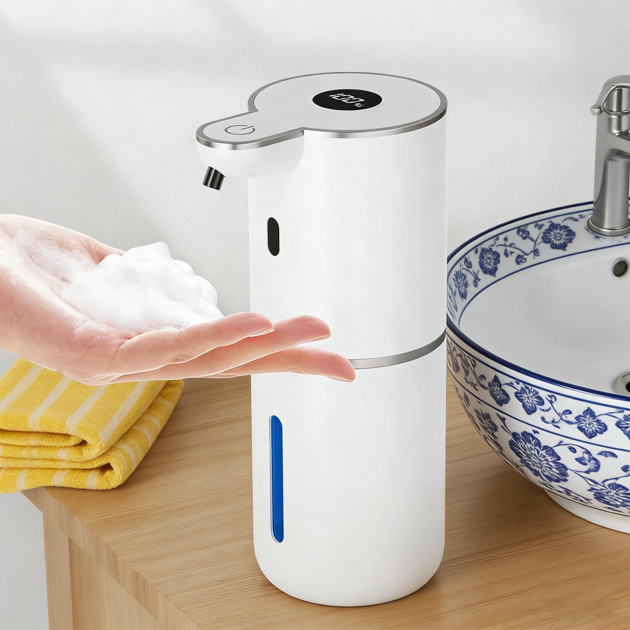 Fantictas Automatisch Seifenspender, Elektrischer Schaumseifenspender mit Display, USB-Wiederaufladbarer,6-Stufig Einstellbar, 380ml Wandmontage für Badezimmer/Küche/Geschirrspülmittel, Weiß