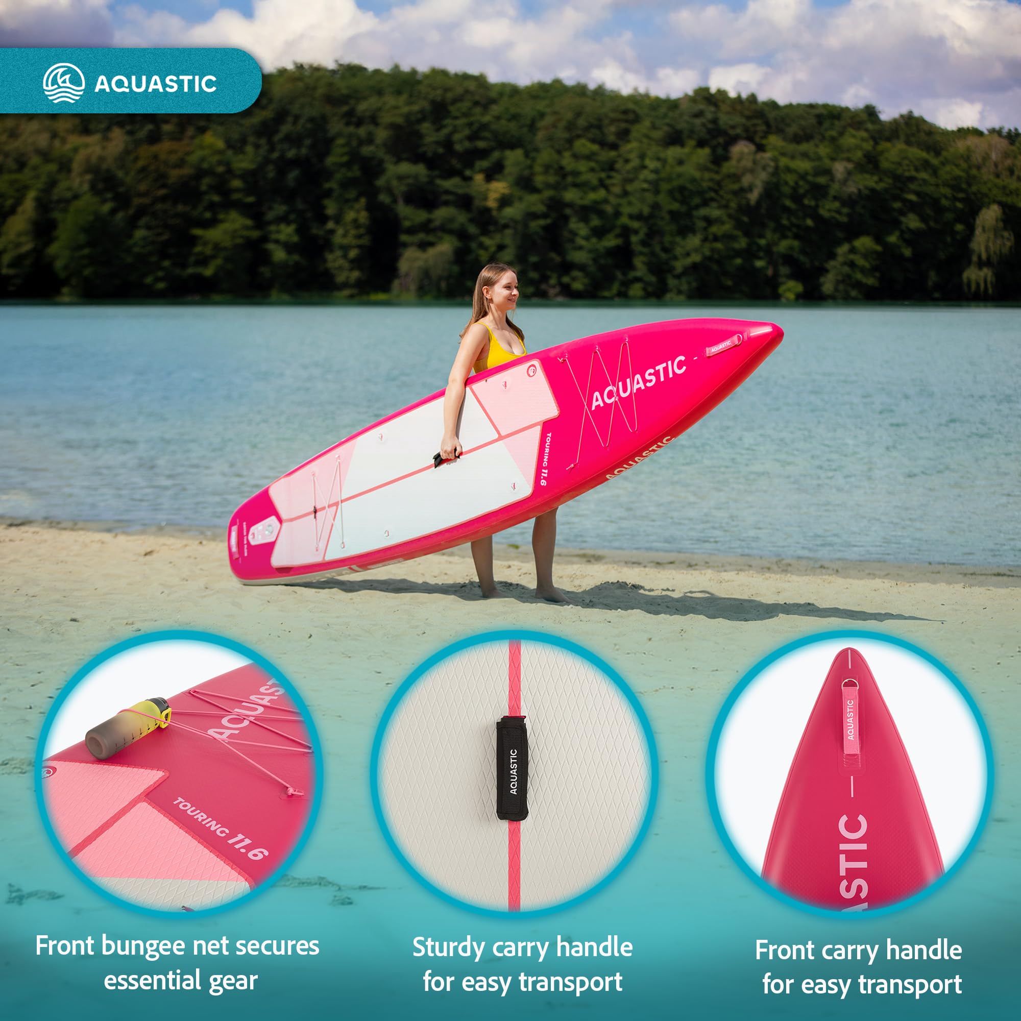 AQUASTIC Touring nadmuchiwana deska SUP 350 x 79 x 15 cm, maksymalne obciążenie 130 kg, pierścienie D do siedzenia kajakiem