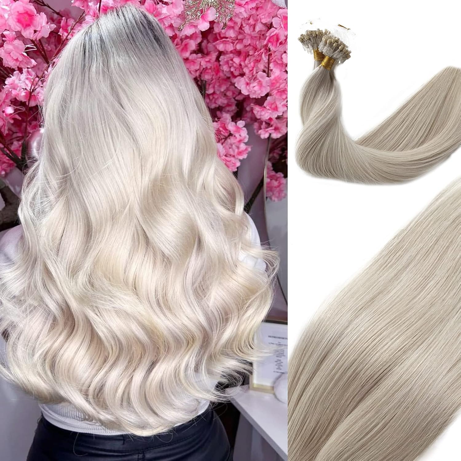 Straight Real Hair Extensions Micro Loop Ice white Human Hair Ice White Blonde Hair Extensions Mciro Links Remy Human Hair 50 Grams Micro Beaded Hair Extensions for White Women