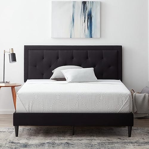 Miniatura 9 de Lucid - Cama de plataforma tapizada con cabecera de diamante con estructura de madera resistente, no requiere somier, Queen, perla Perla,Negro