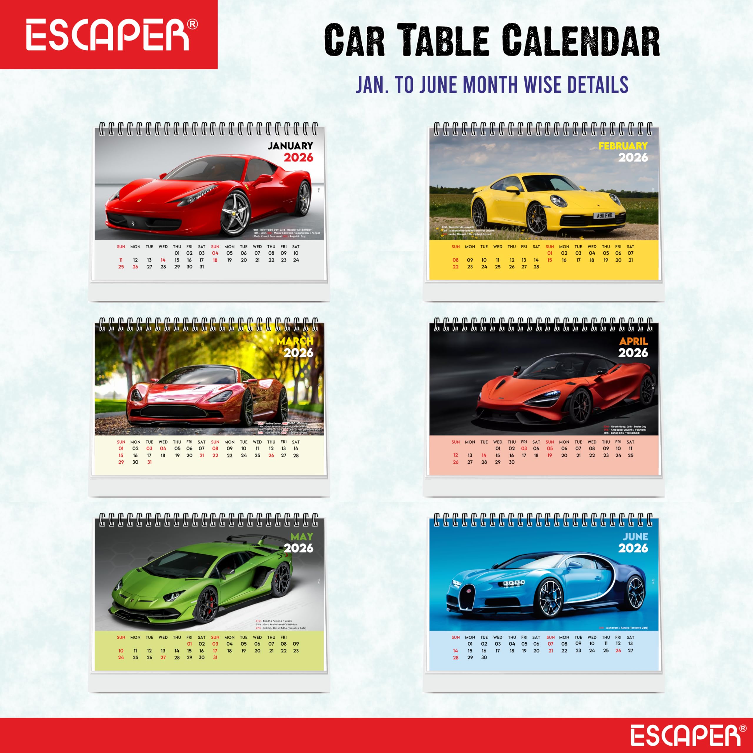 ESCAPER Cars Tischkalender 2026 - A5 Tischkalender mit Sportfahrzeugen, Schreibtisch-Organizer für Büro & Studium, Automobil-Neujahrsgeschenk