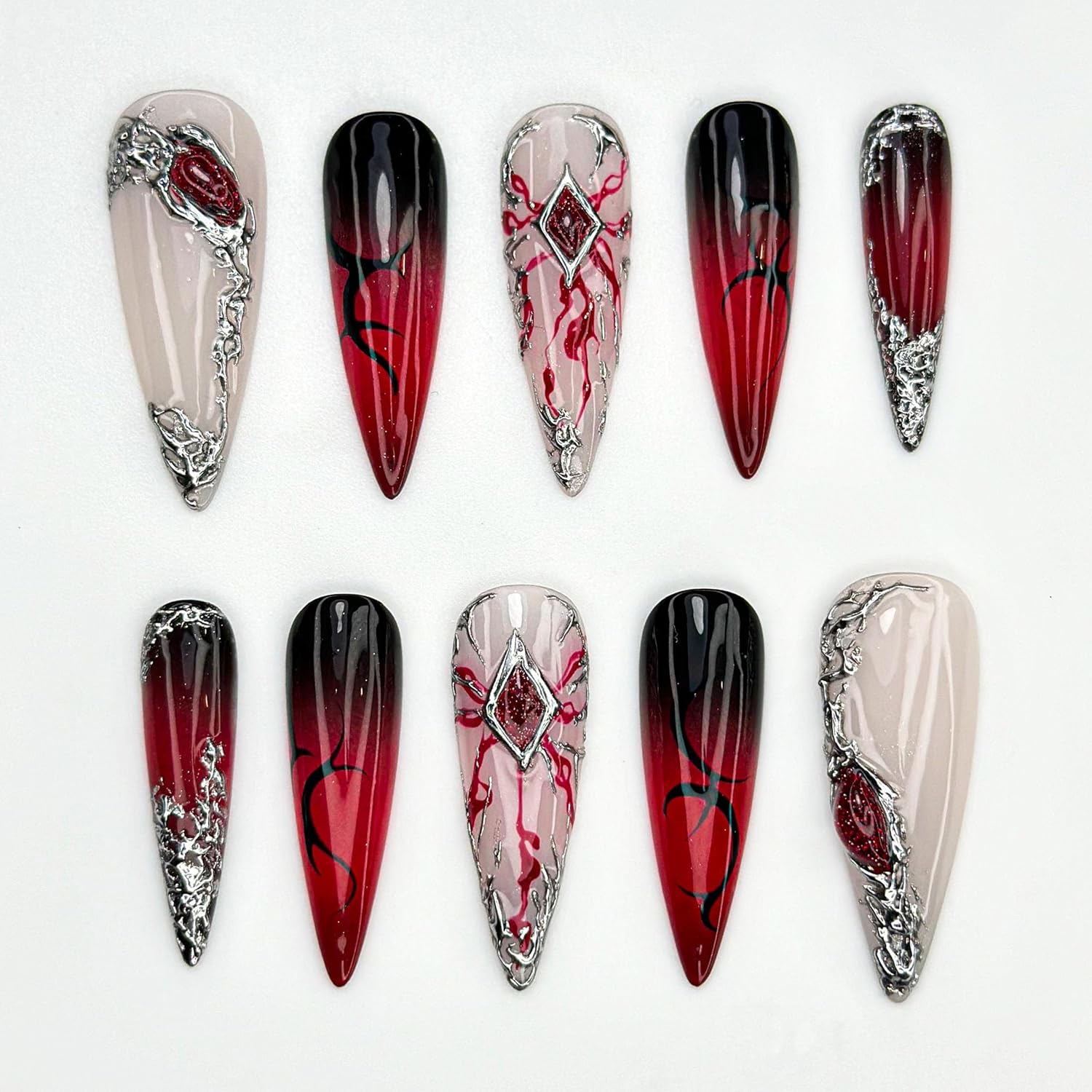 Sy..lus Love and Deepspace Nail Art,Vampire Romance Claws, Red Vein Gothic Fantasy Nails,Sy..lus Inspired Nail Art