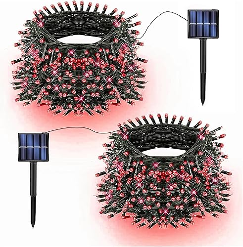 Vista 17 de TW SHINE Paquete de 2 tiras de luces solares, 200 LED de 66 pies, impermeables, 8 modos, blanco cálido, decoraciones de Navidad al aire libre